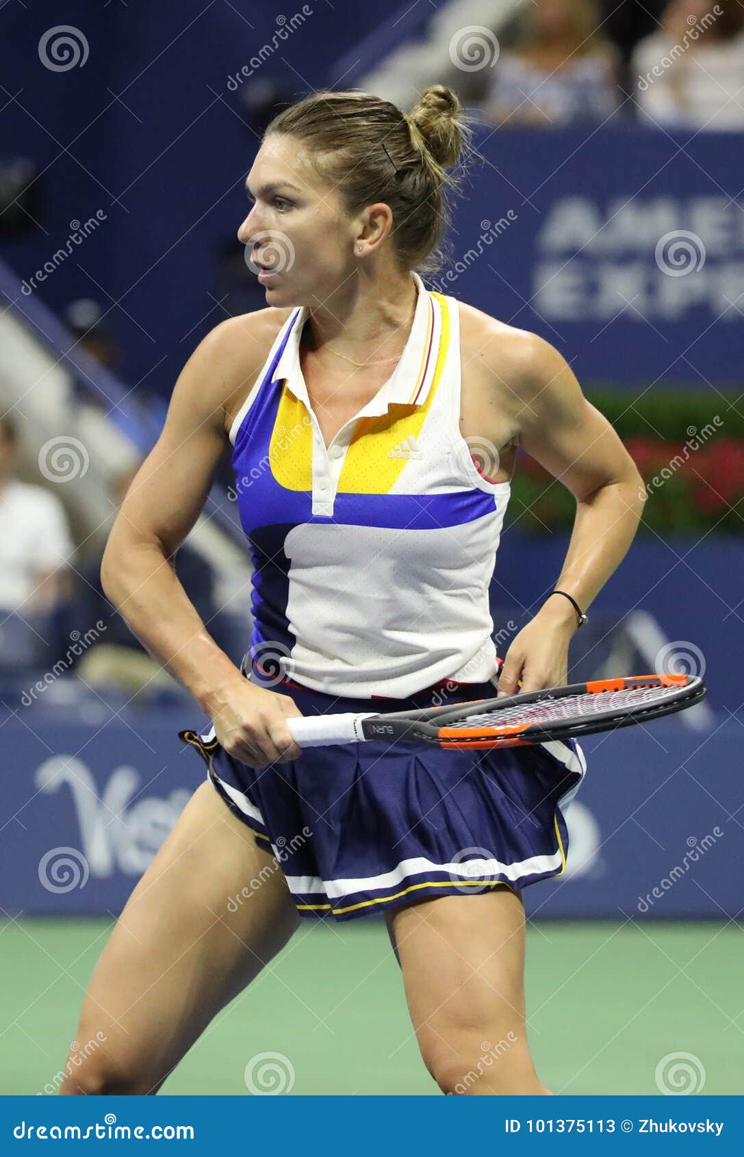 Professional Tennis Player Simona Halep Of Romania In Action During Her Us Open 2017 First Round