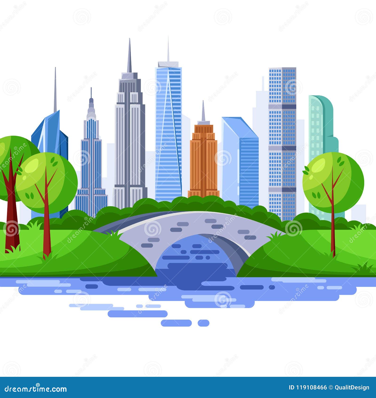 New York Central Park and Urban Skyscraper Buildings. Vector Cityscape ...