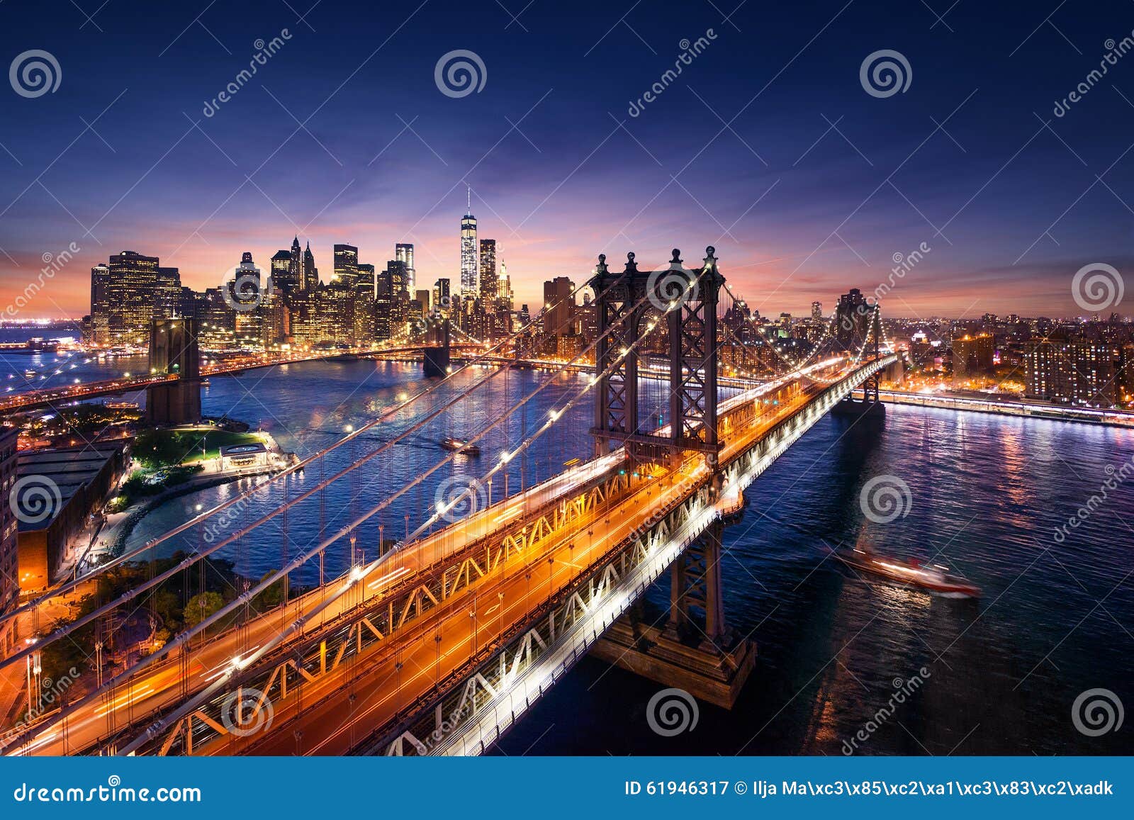 new york city - beautiful sunset over manhattan with manhattan and brooklyn bridge