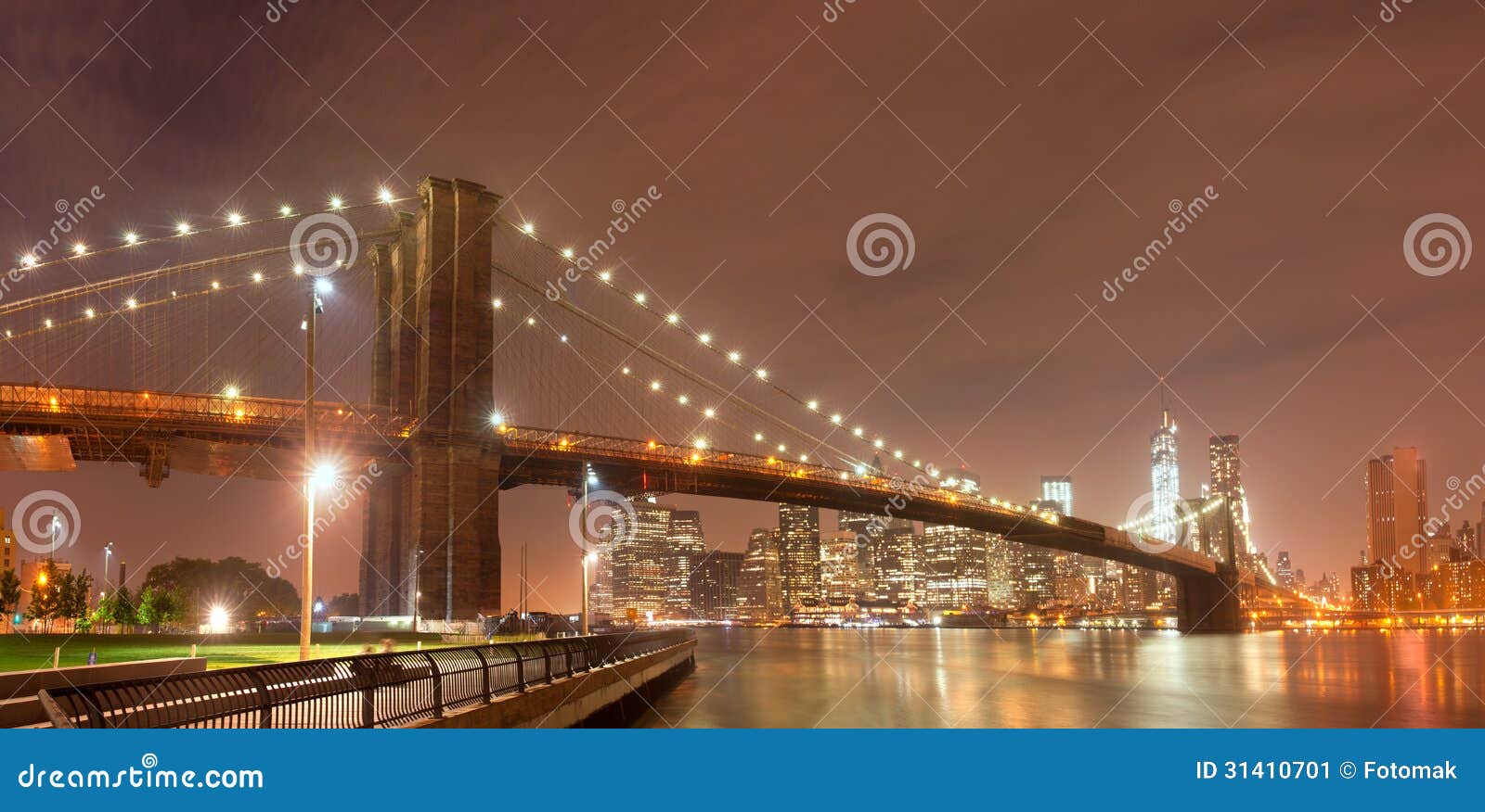 New York City Night Panorama with Brooklyn Bridge Stock Image - Image ...