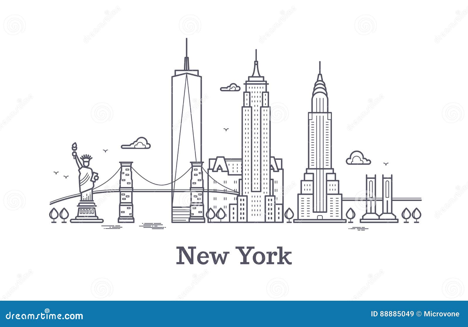 new york city outline skyline, nyc line silhouette, usa tourist and travel  concept