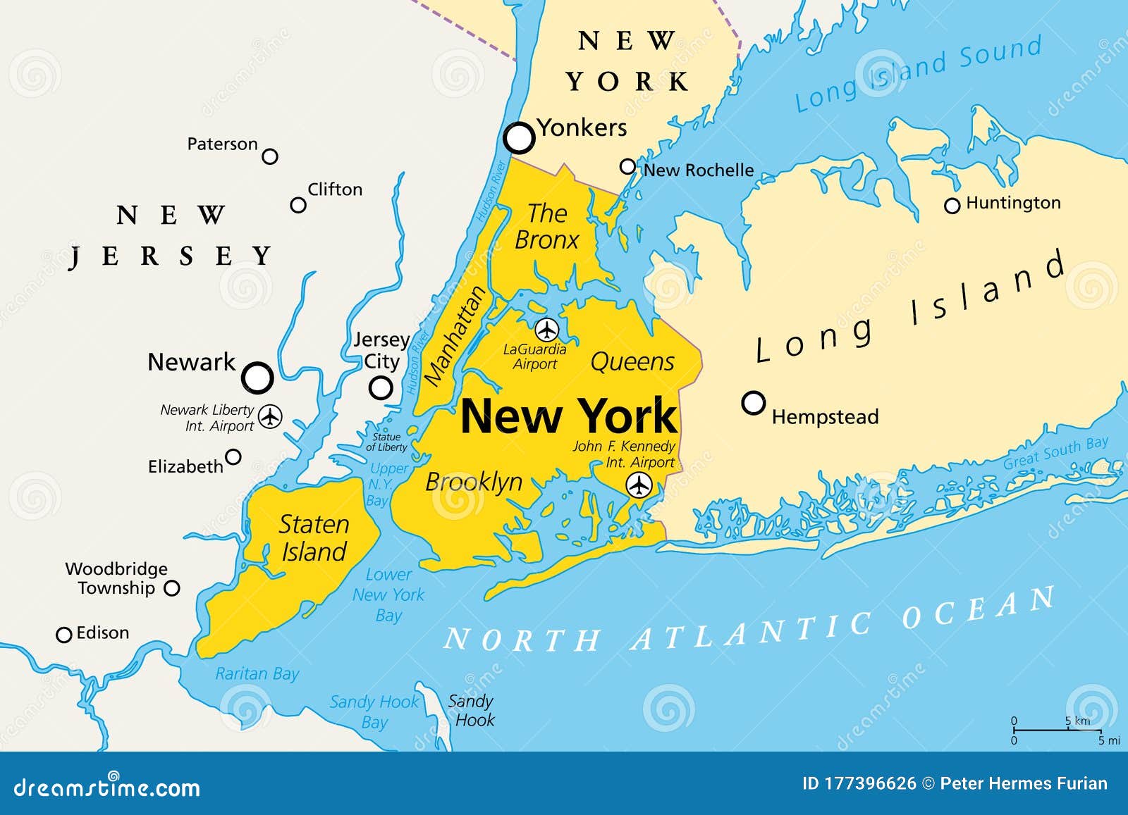 new york city, political map, manhattan, bronx, queens, brooklyn and staten island