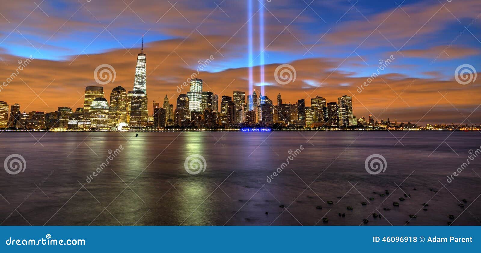 new york city skyline with 9/11 lights in the morning