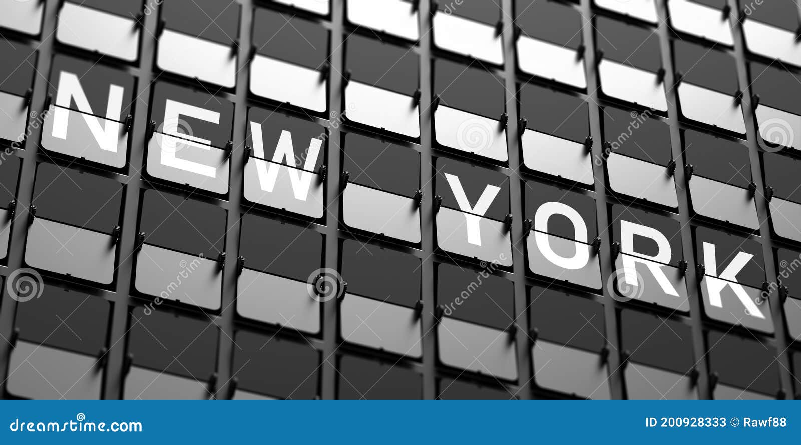 new york city, usa text. split flap airport white letters on display, black background 3d 