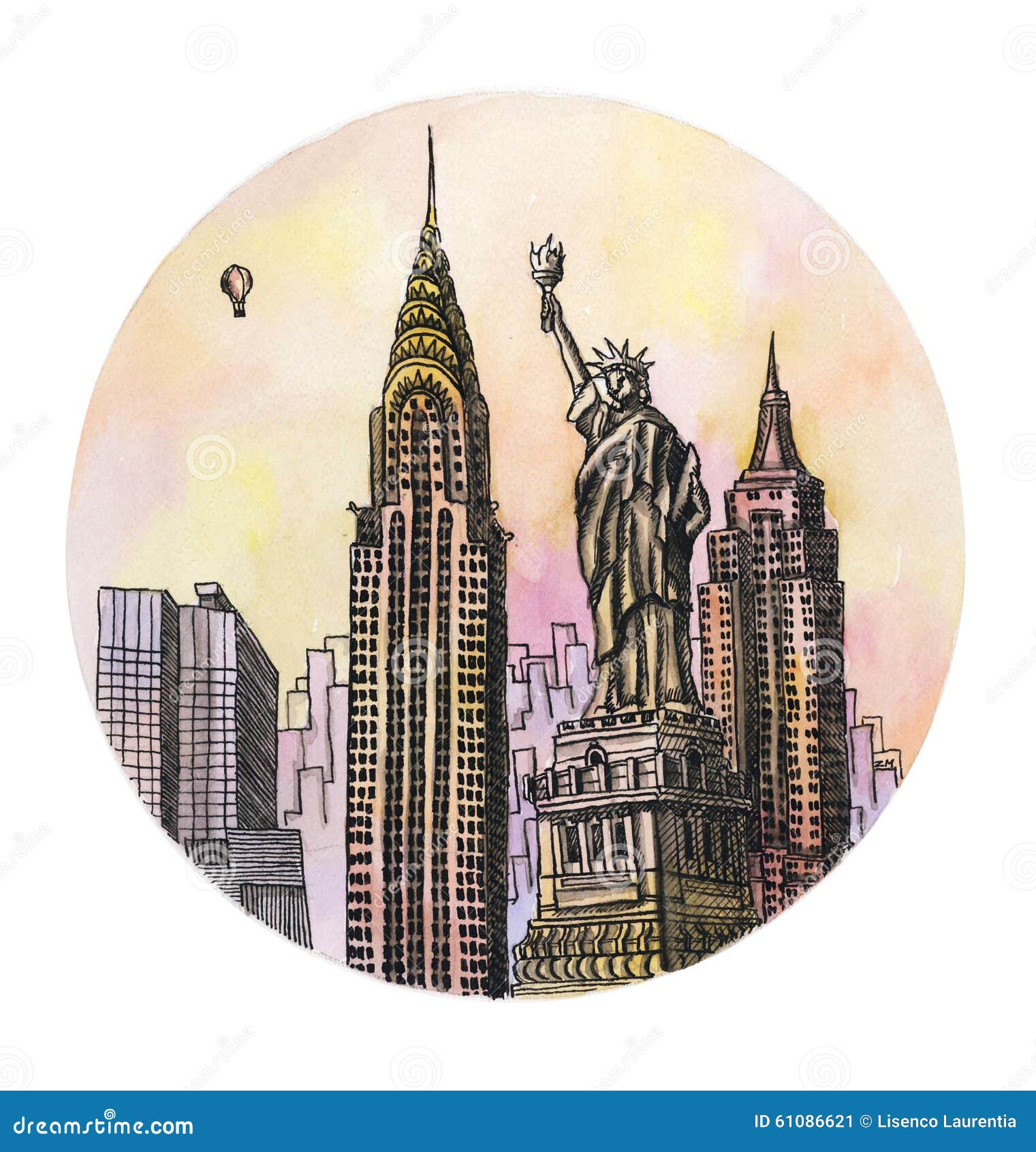 the new york with freedom monument watercolor hand drawing, famouse arhitectural buillding 