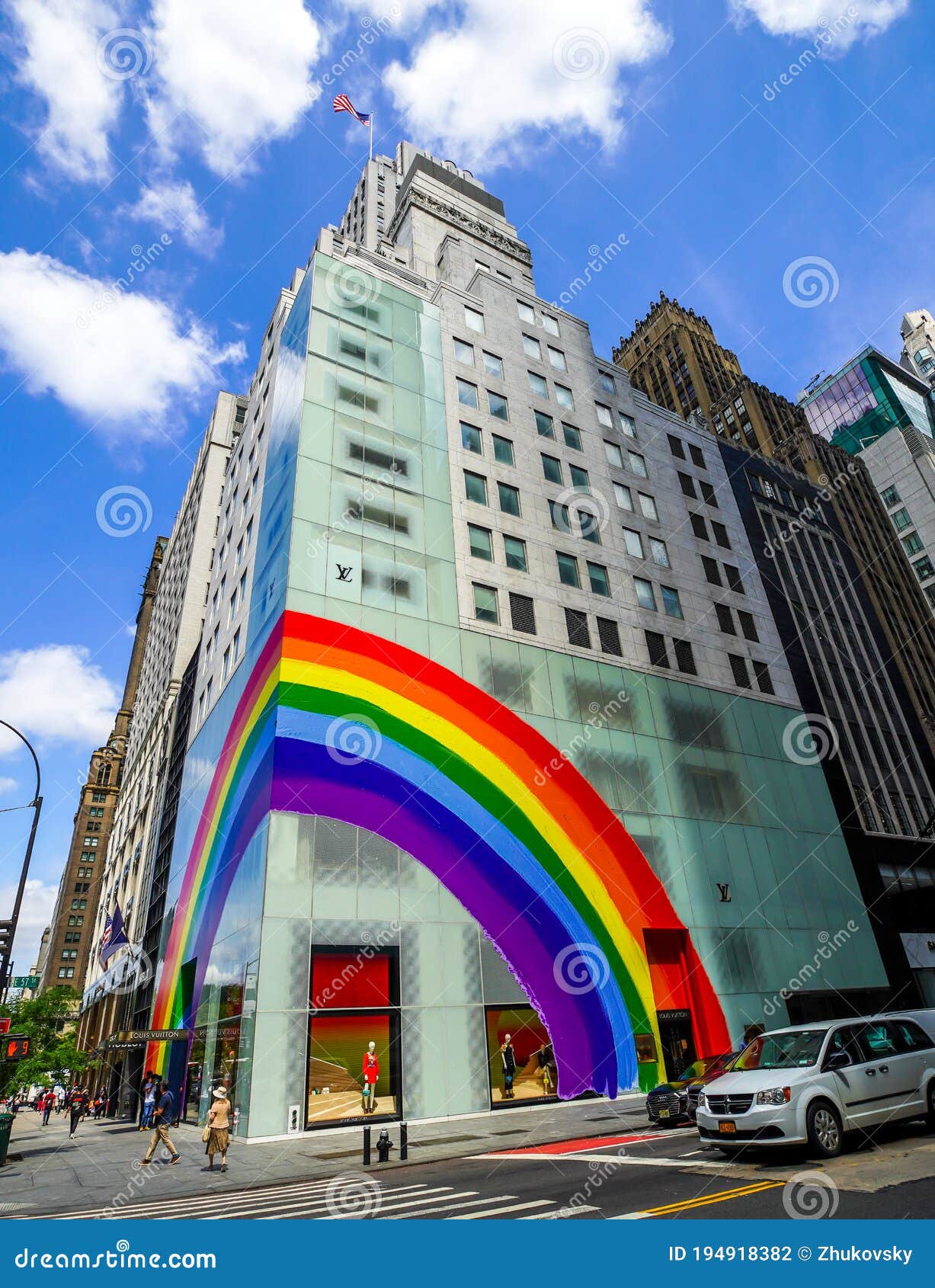 The Louis Vuitton store on Fifth Avenue is painted with rainbow