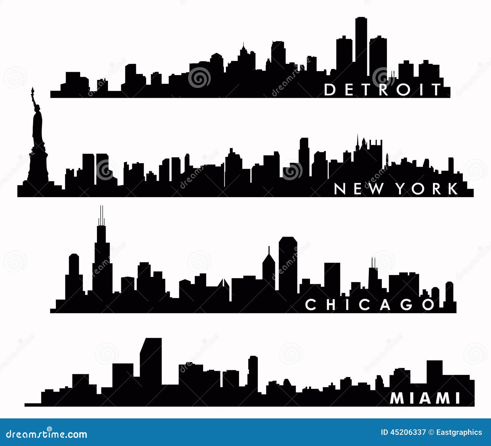 New York Skyline, Chicago Skyline, Miami Skyline, Detroit 