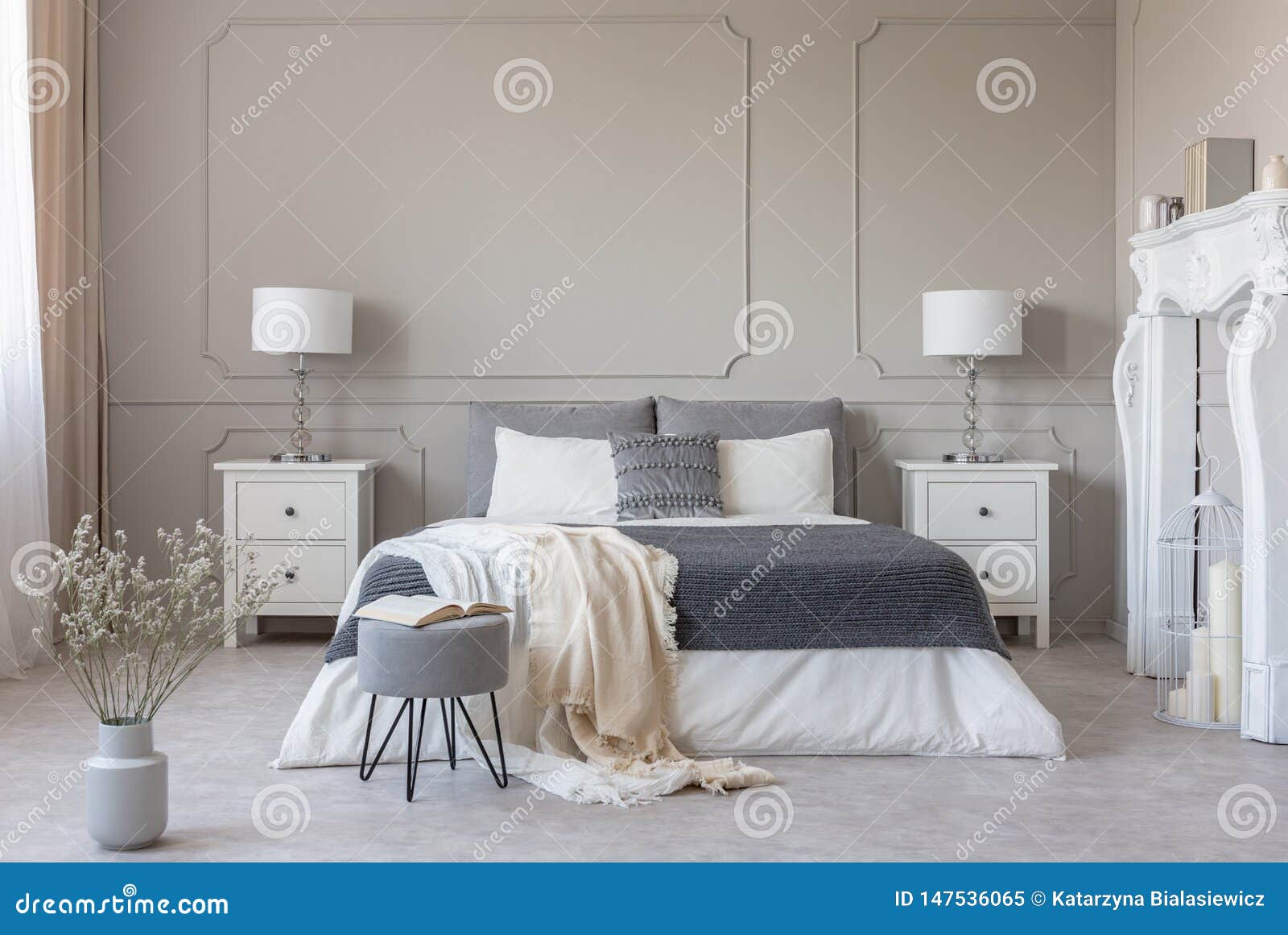 new york style bedroom interior with symmetric , copy space on empty grey wall