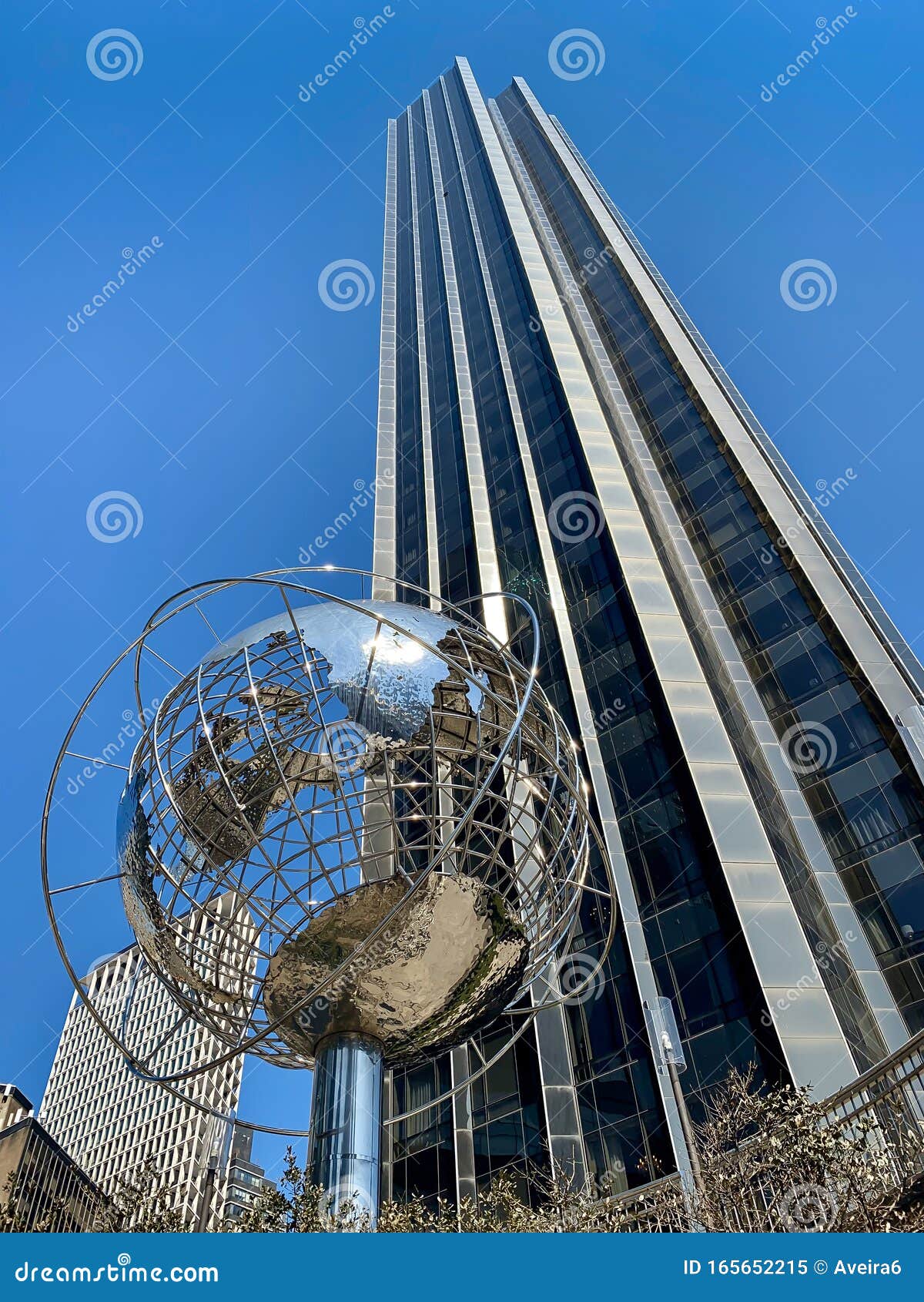 NEW YORK, USA. APR 2019: Globe Sculpture and Building View at Columbus ...