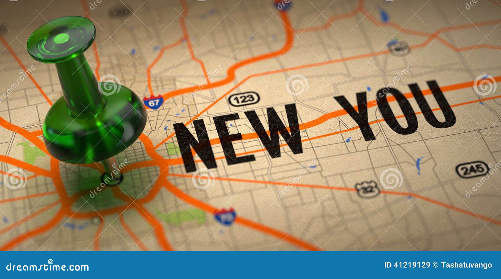 new you - green pushpin on a map background.
