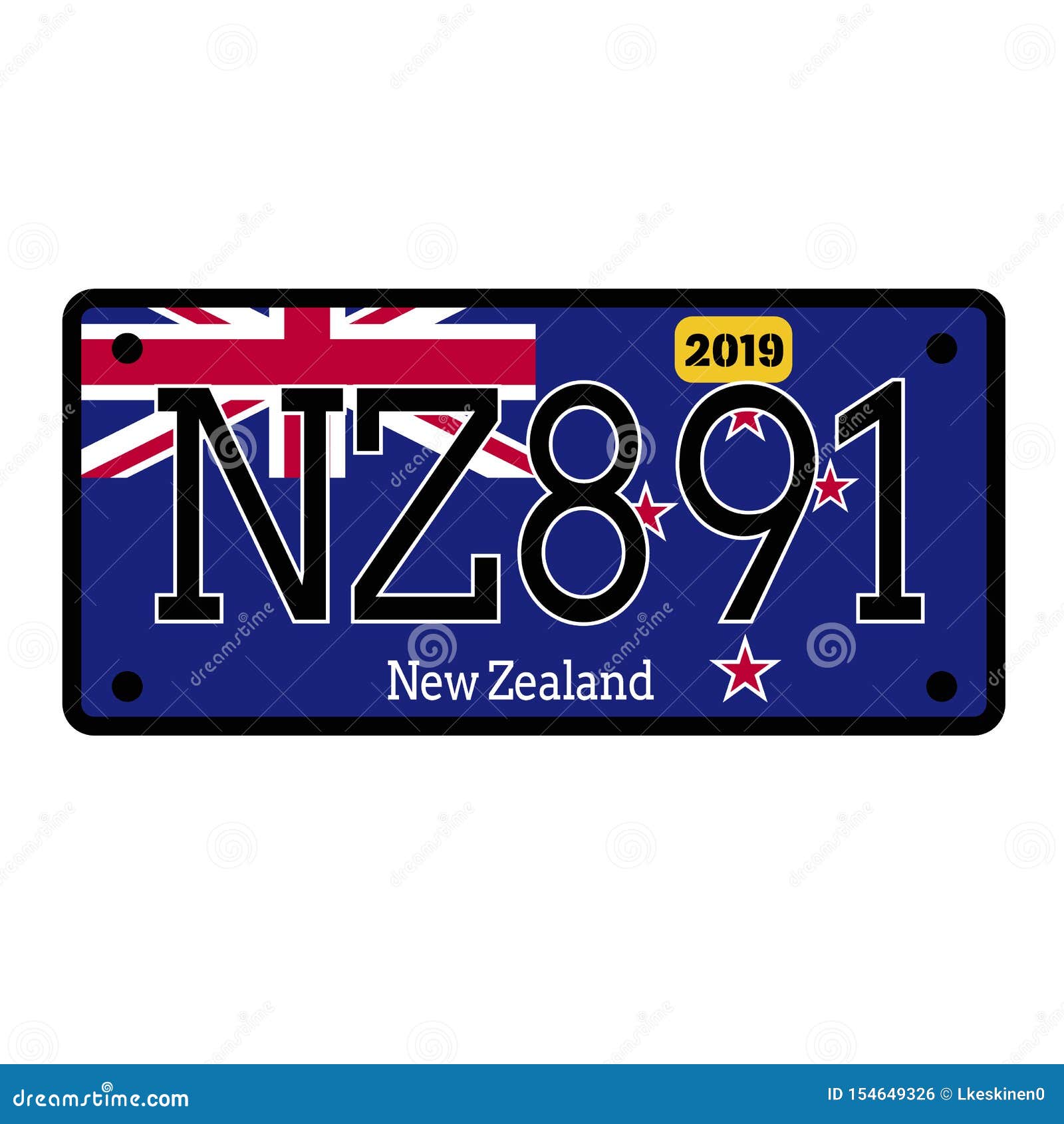 New Zealand Automobile License Plate on White Background Stock Vector