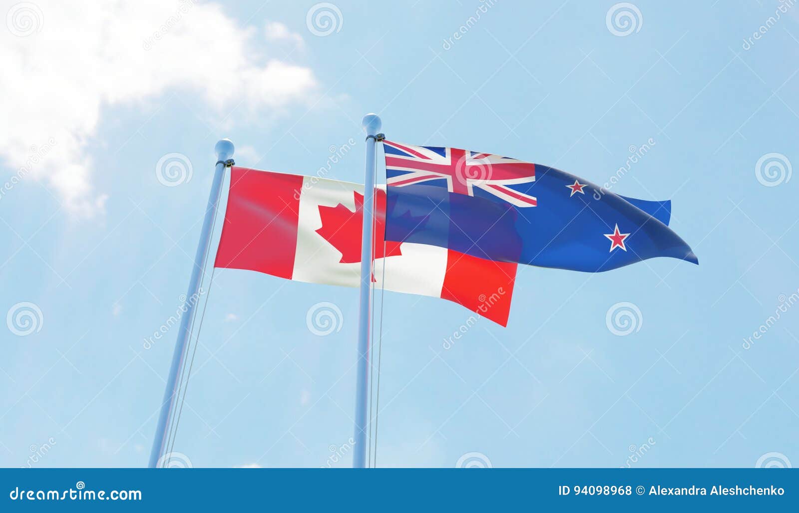 New Zealand and Canada, Flags Waving Against Blue Sky Stock