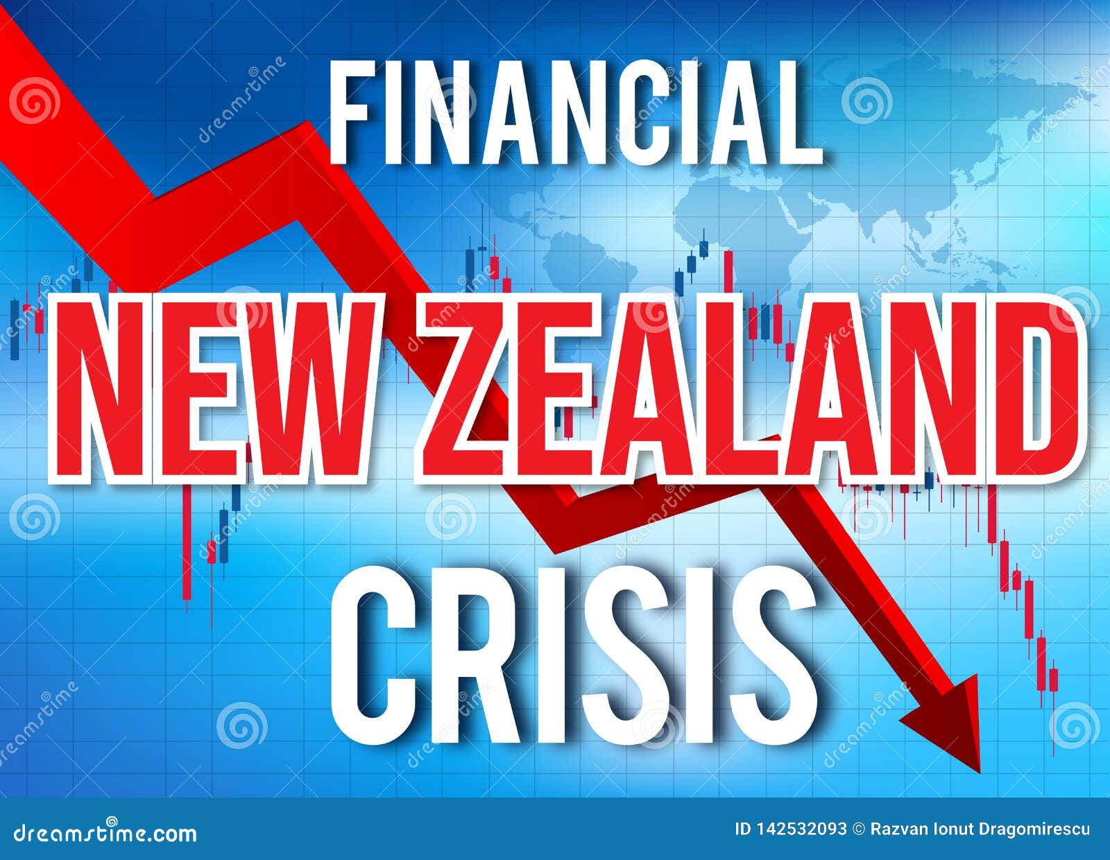 New Zealand Financial Crisis Economic Collapse Market Crash Global Meltdown Illustration