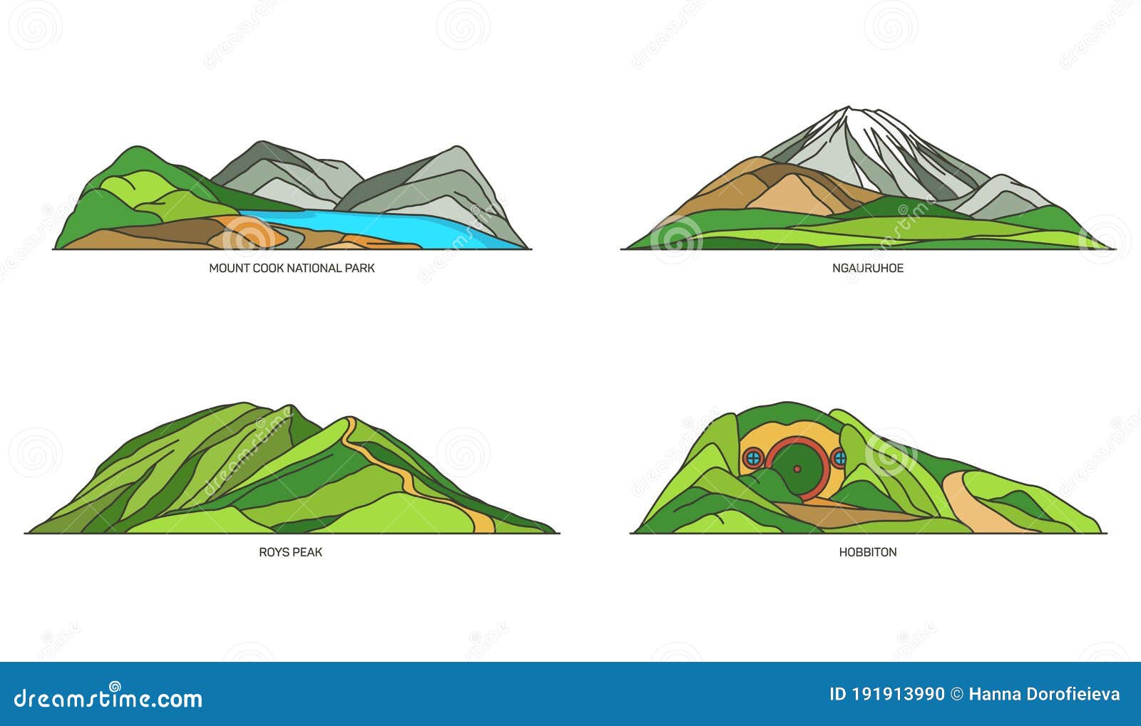new zealand landmarks, parks and mountains set