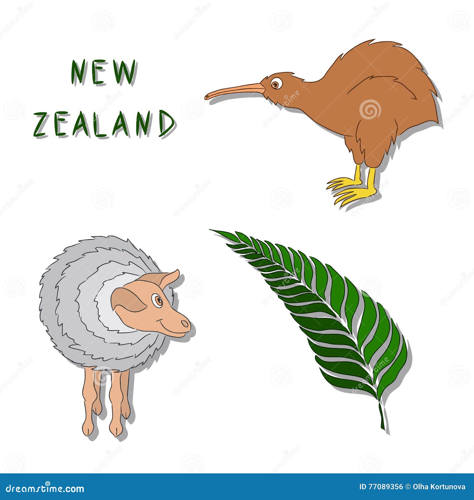 New Zealand Symbols. Set of Cartoon Colored Icons Kiwi Bird, a Sheep, a  Silver Fern Branch. Vector Illustration Drawn by Stock Vector -  Illustration of decorative, drawing: 77089356