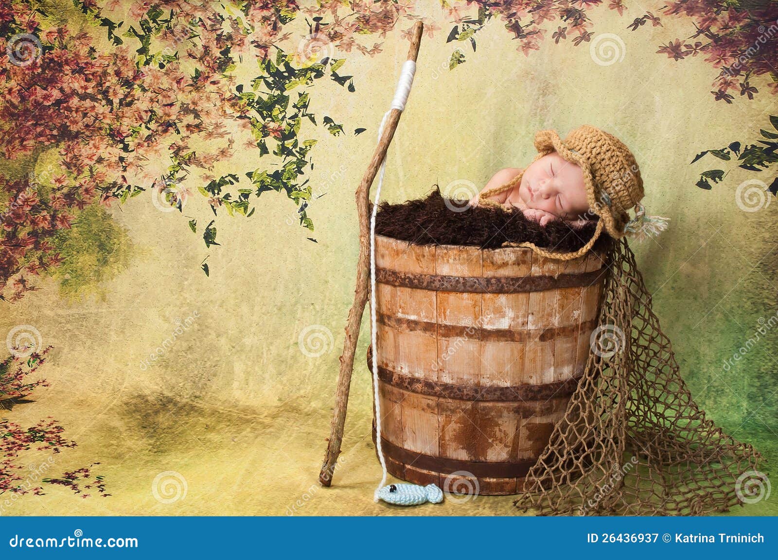 Newborn Baby Boy with Fishing Hat and Pole Stock Image - Image of