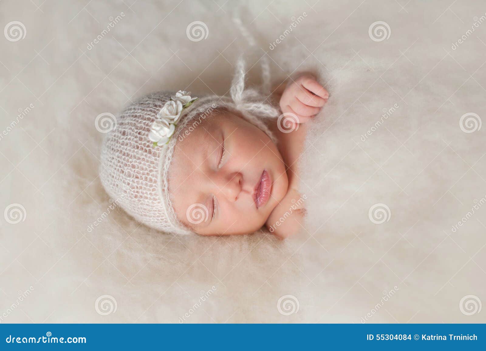 Newborn Baby Girl Wearing A White Knitted Bonnet Stock Photo Image Of