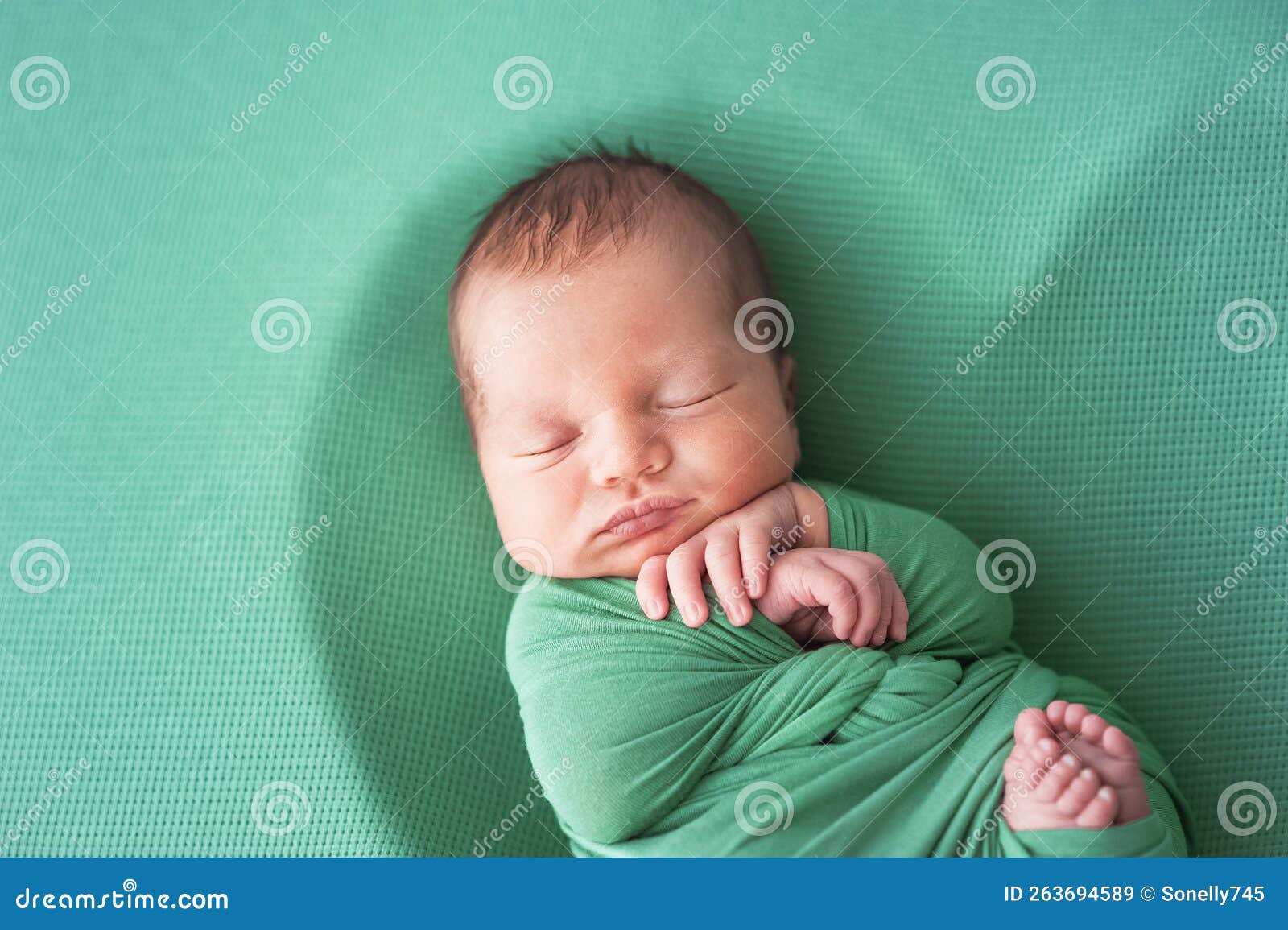 Newborn Baby in Green Diaper is Sleeping. Stock Image Image of