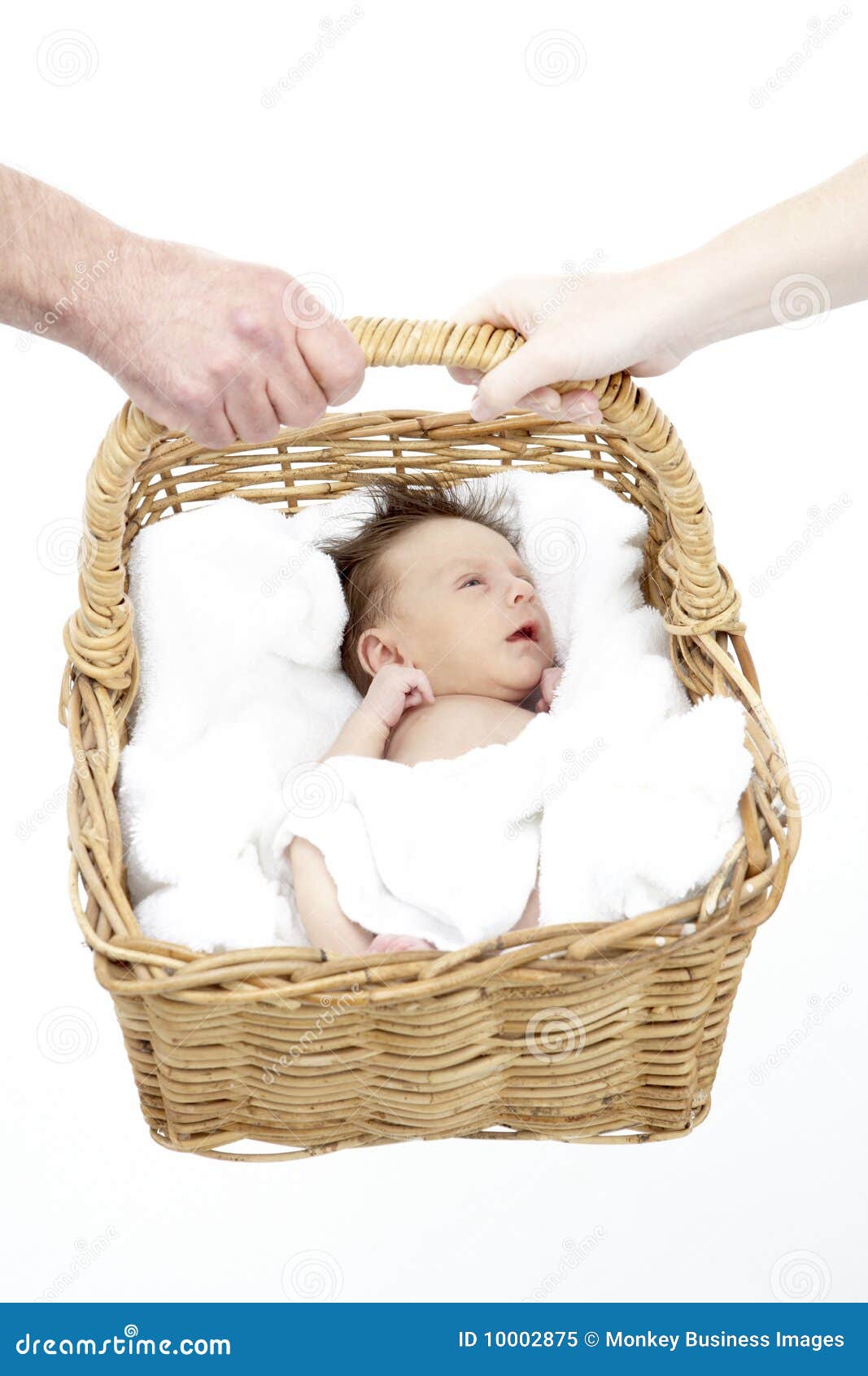 Newborn Baby Held in Basket by Parents Stock Image Image of studio