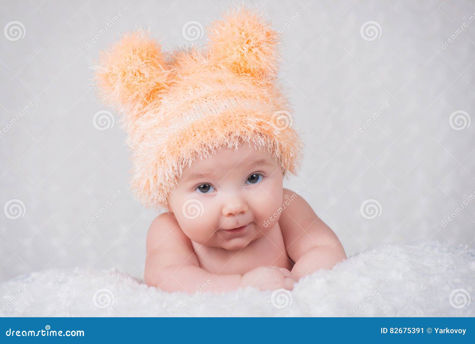 Newborn Baby in a Knitted Cap with Ears. Stock Image Image of baby