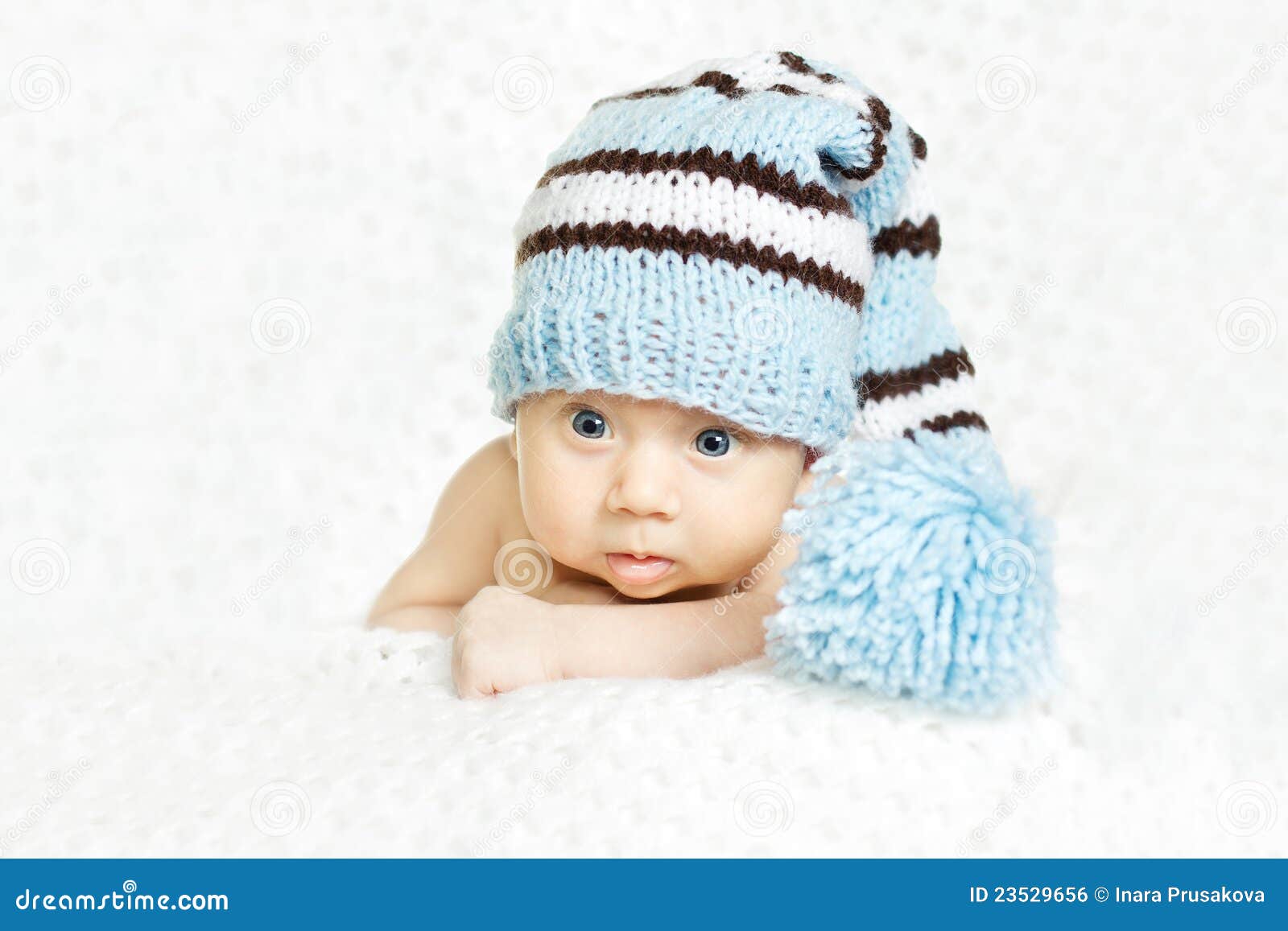 Newborn Baby Portrait in Blue Woolen Hat Stock Photo Image of