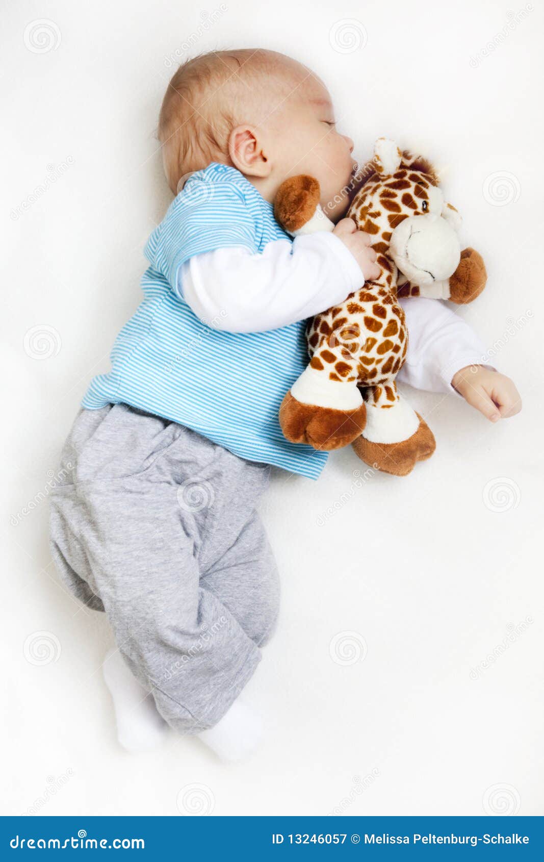 Newborn baby sleeping, holding teddy bear on white blanket