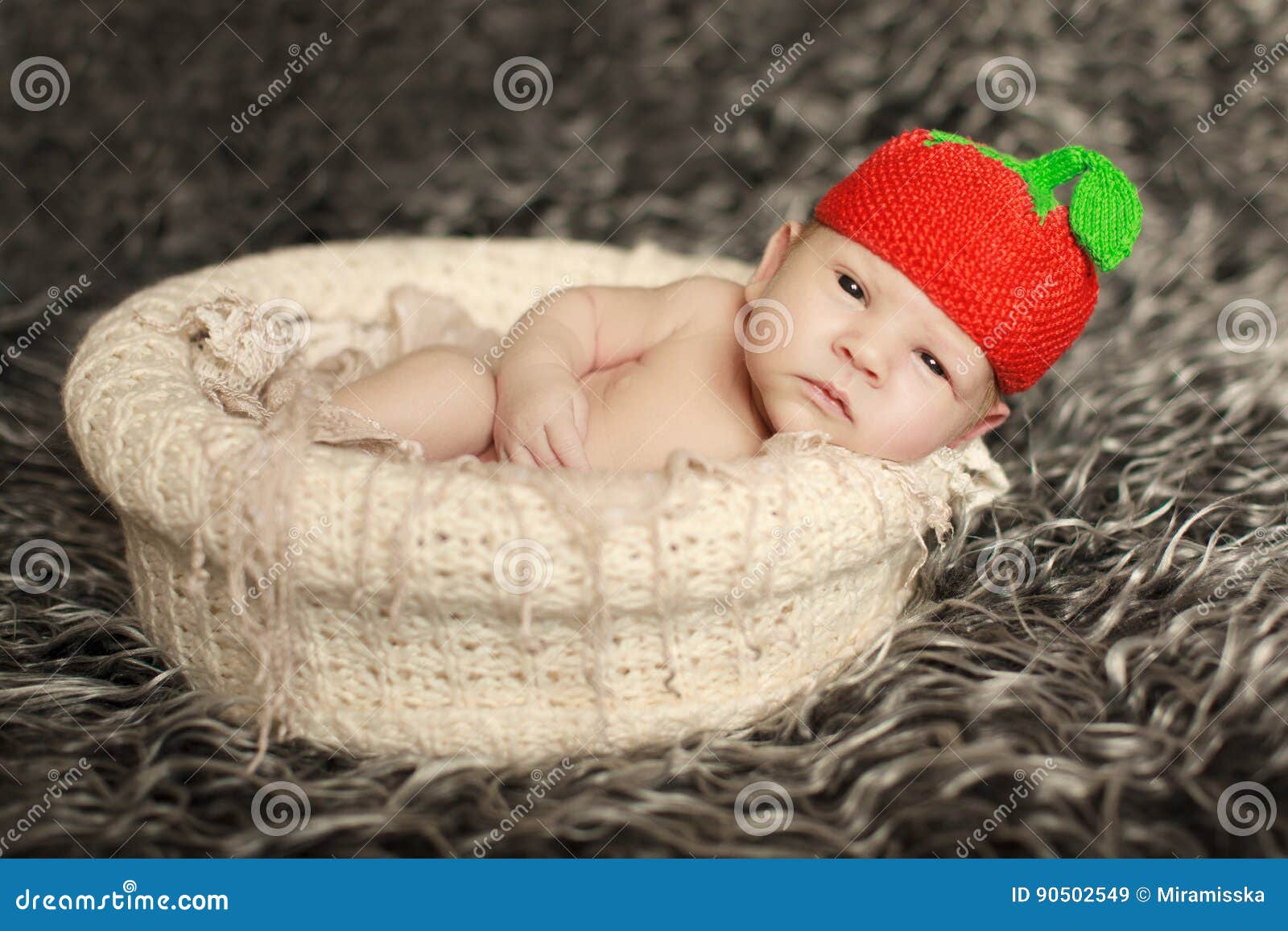 Newborn Baby Sleeping On Fur In The Basket In Funny Hat ...