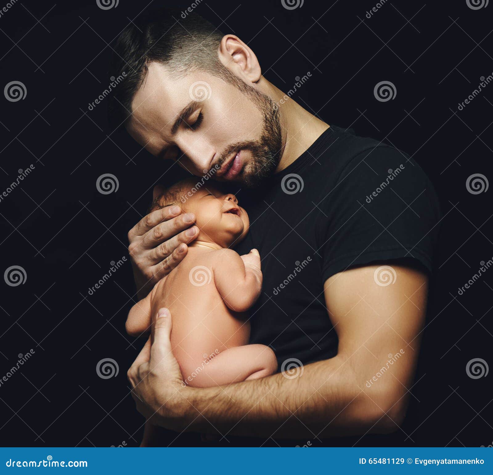 Newborn Baby Sleeping in His Arms of Father on Dark Stock Image Image
