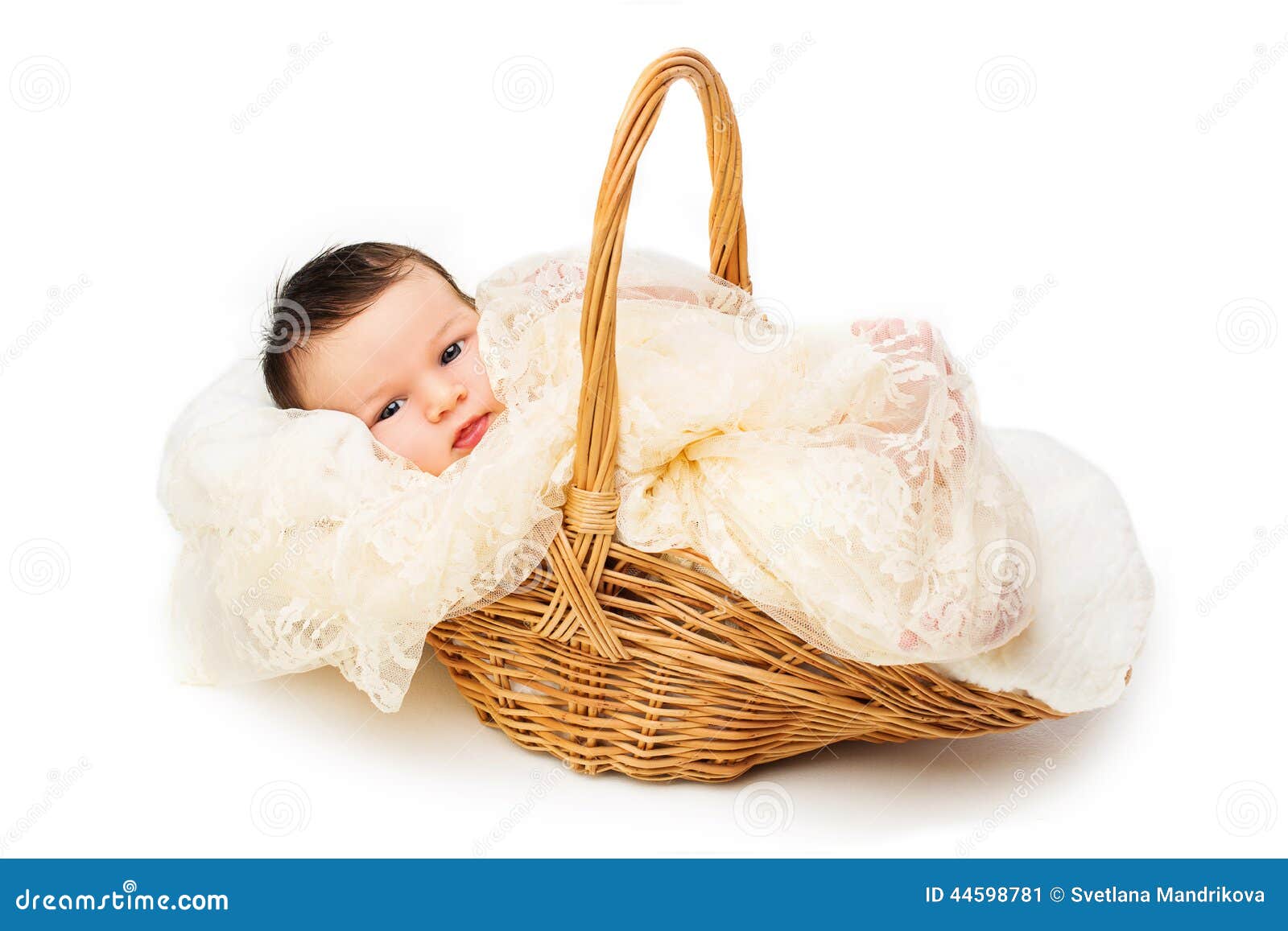 Newborn Baby Smiling in a Wicker Basket Stock Image Image of