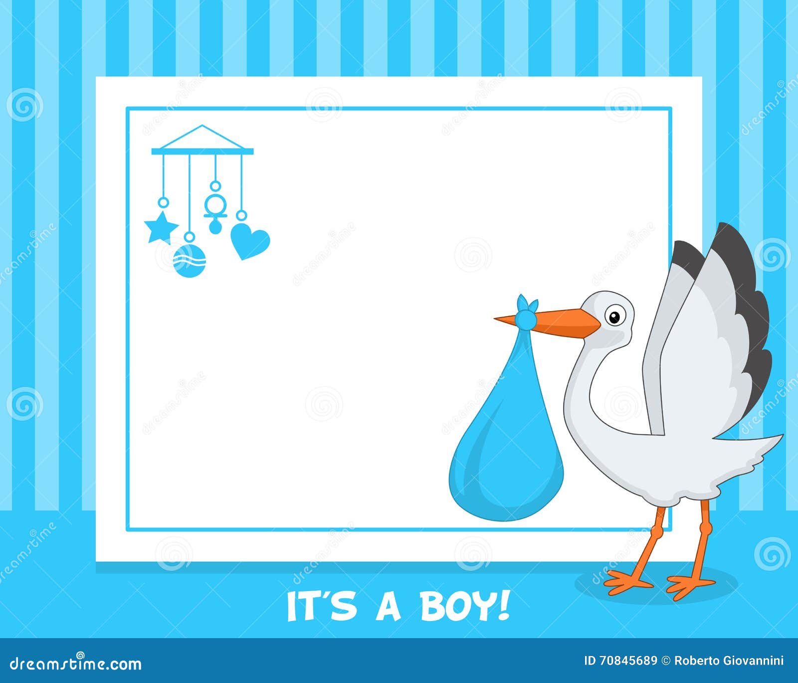 Newborn Boy Stork Horizontal Frame. A funny horizontal photo frame with a cute cartoon stork holding a newborn baby boy, on blue background. Eps file available.