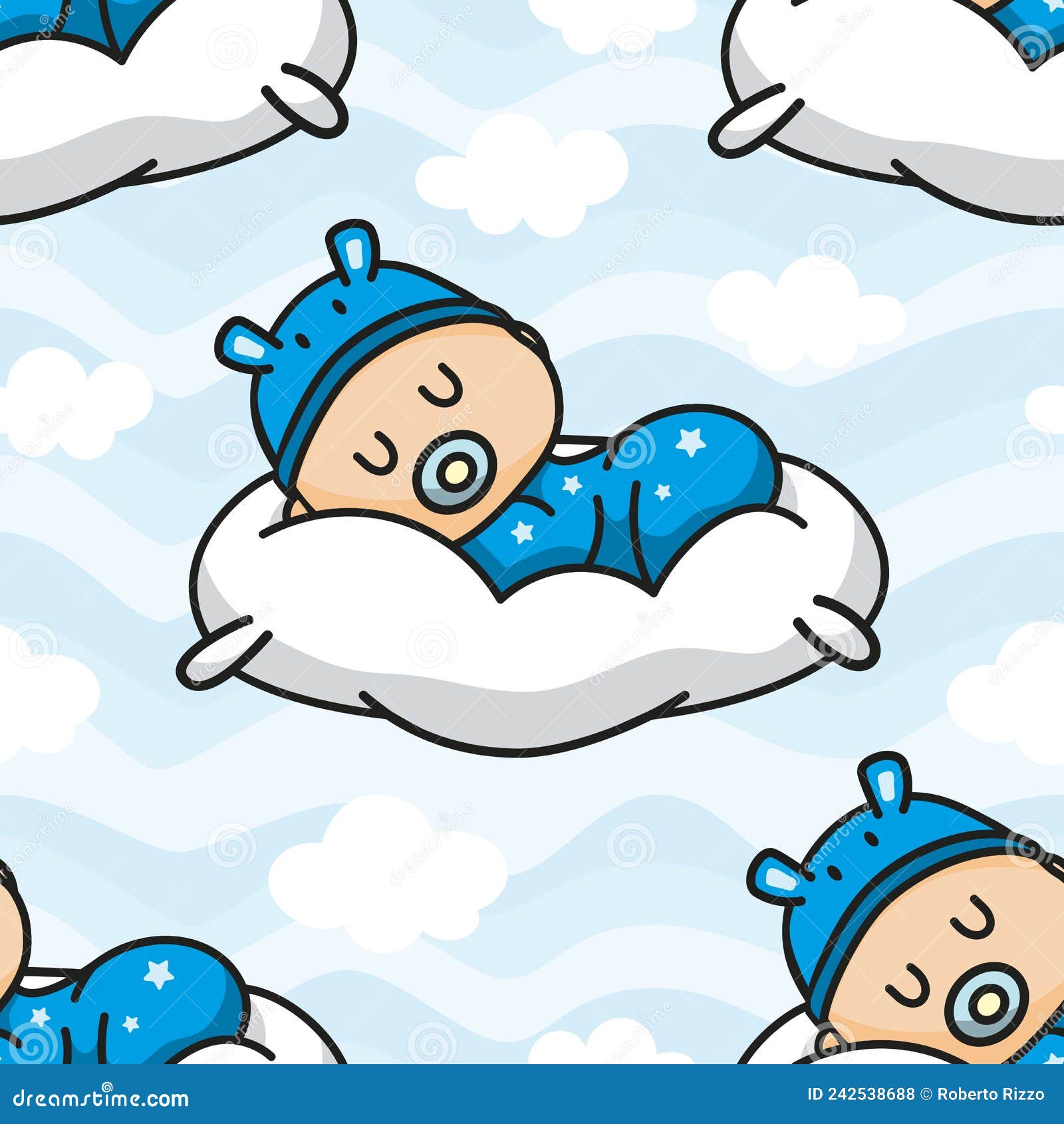 Newborn Sleeping on Pillow among the Clouds. Stock Vector