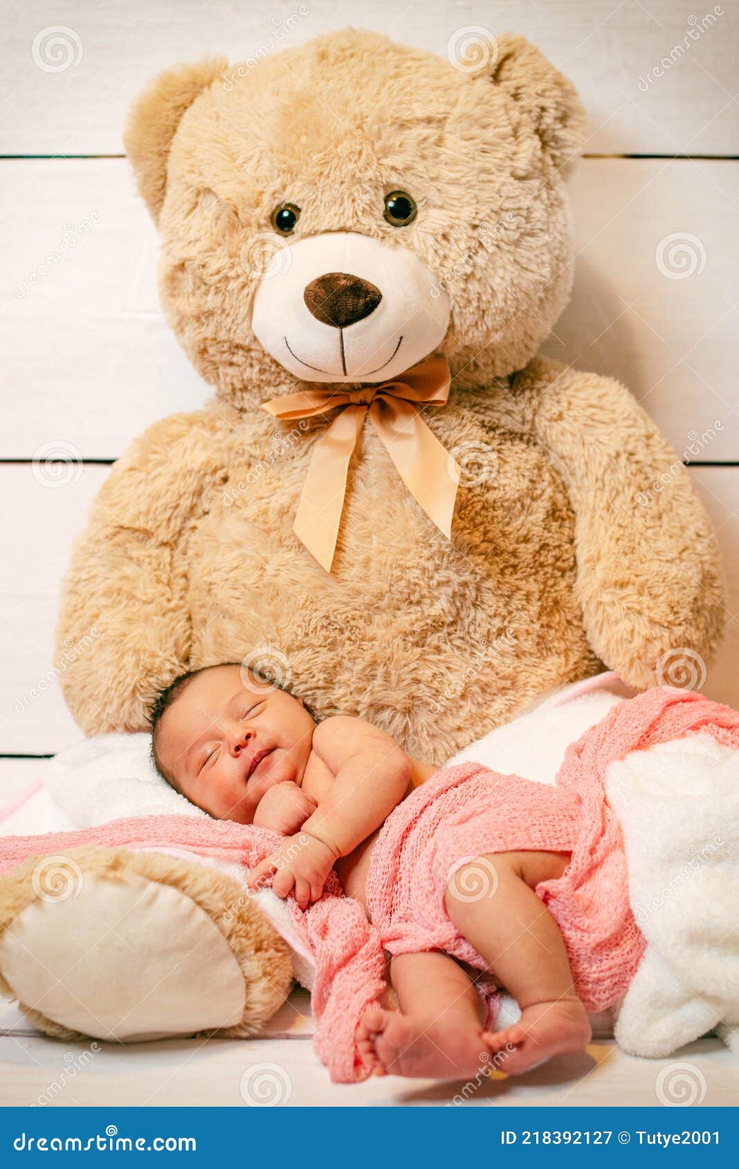 Newborn Sleeping on a Teddy Bear in Studio Stock Image Image of