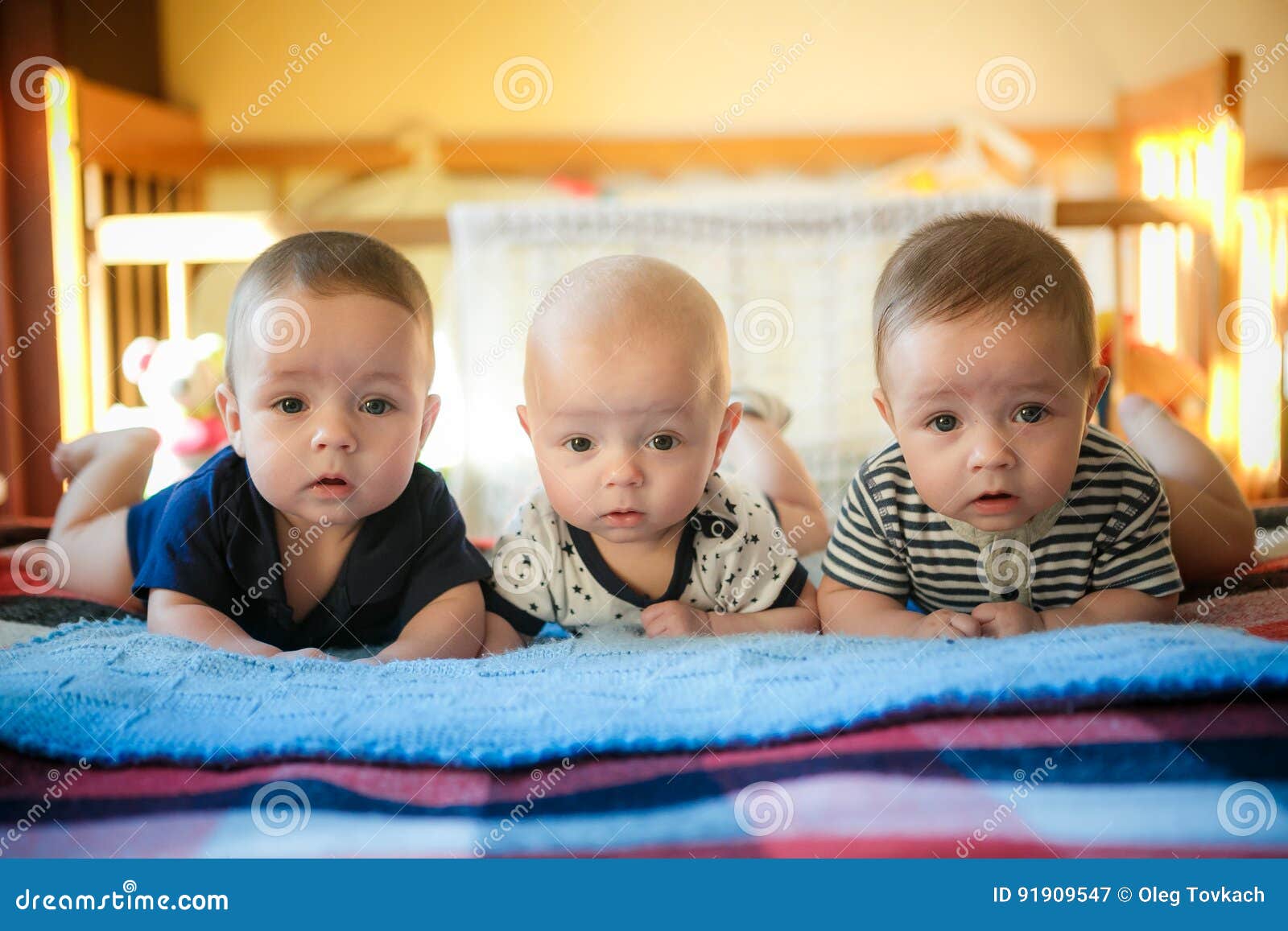 Newborn Triplets are Lying in the Bed Stock Image Image of funny