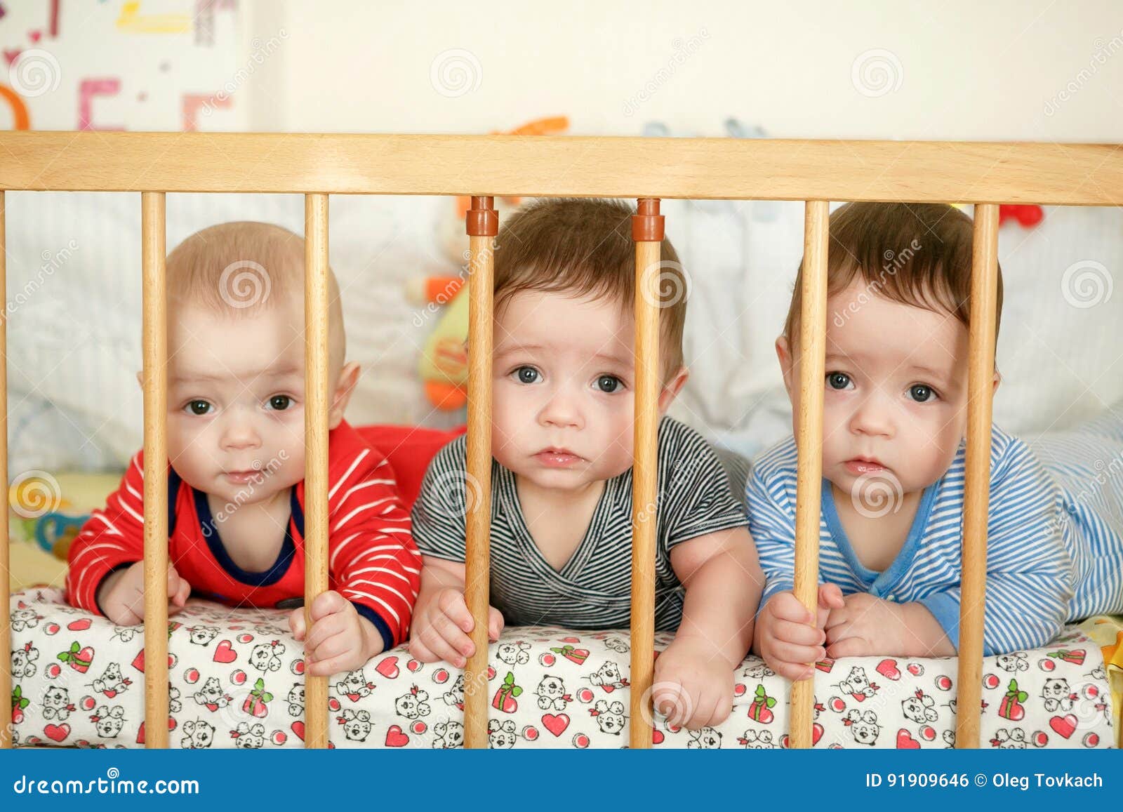 Newborn Triplets are Lying in the Bed Stock Photo Image of girls