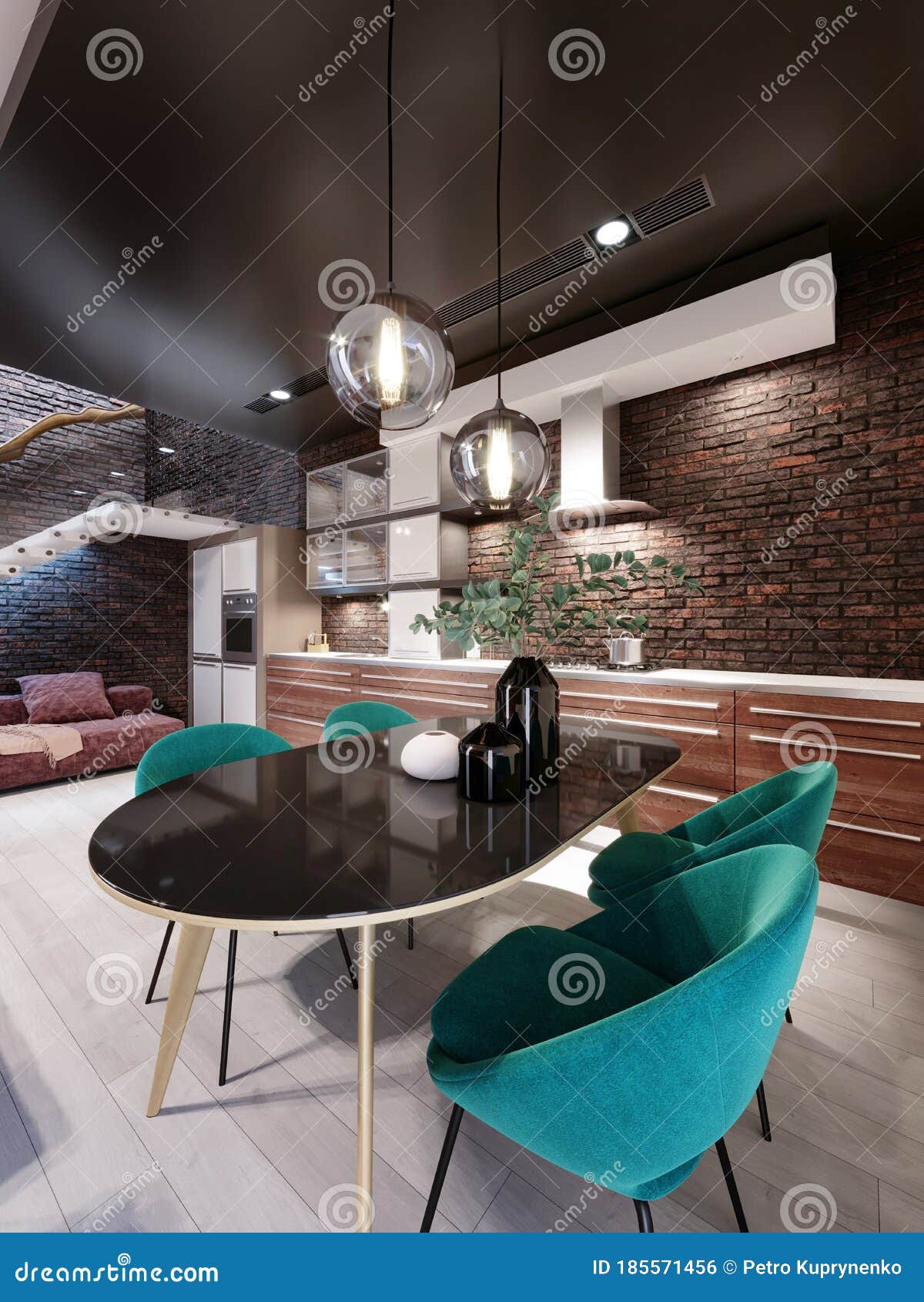 Newly Designed Kitchen with Dining Room, Loft Style, Green Chairs