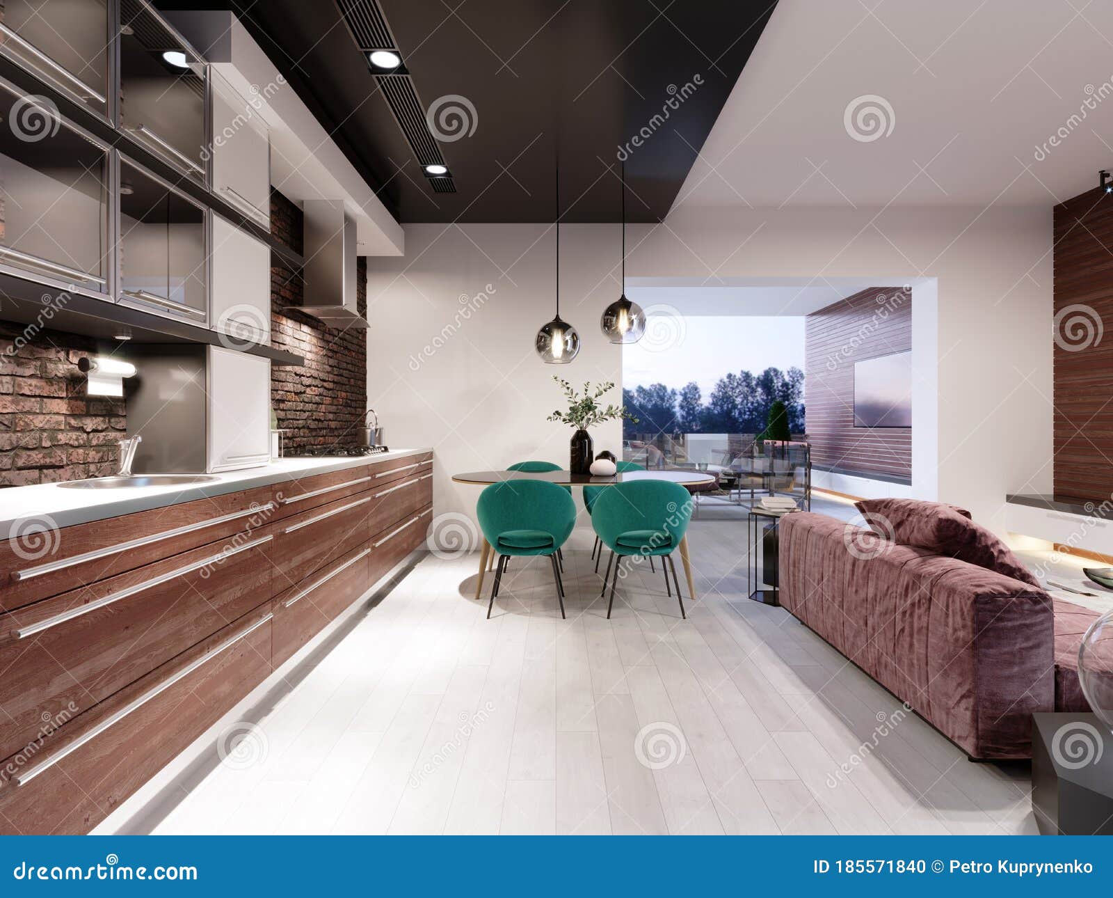 Newly Designed Kitchen with Dining Room, Loft Style, Green Chairs