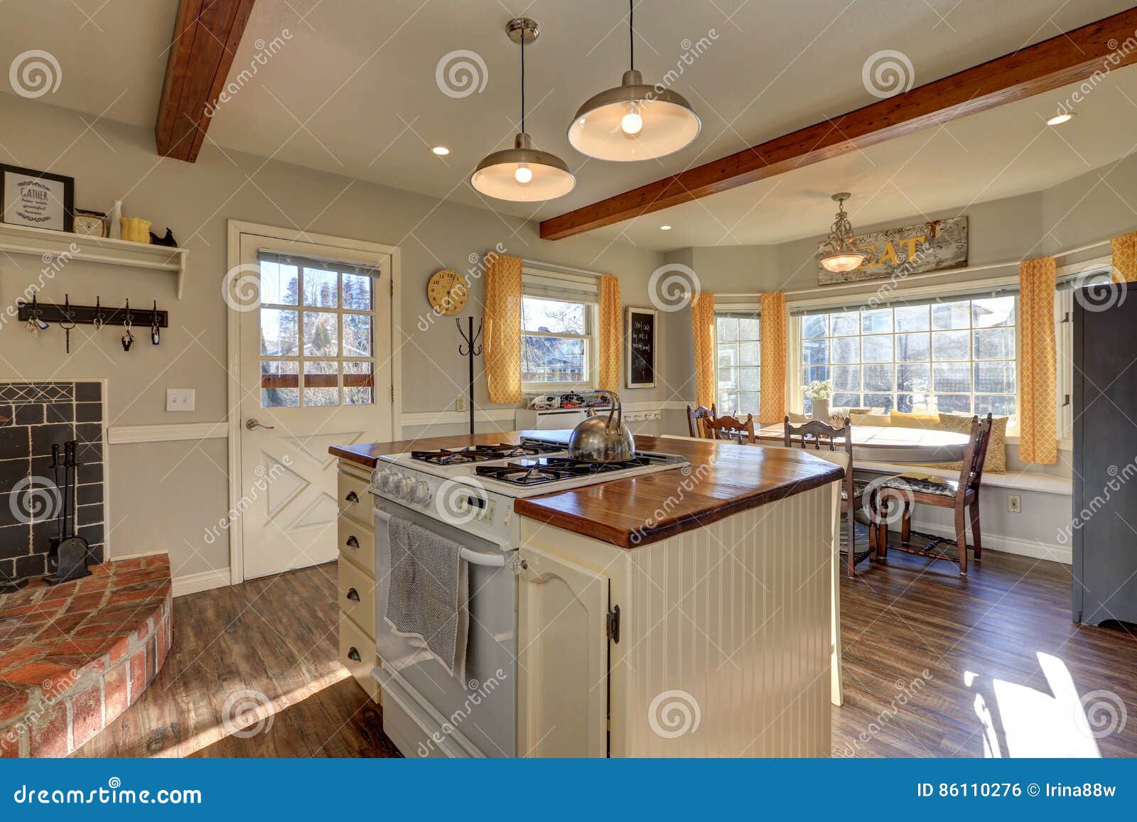 Newly Renovated Kitchen Boasts Wood Beams On Ceiling Stock Photo