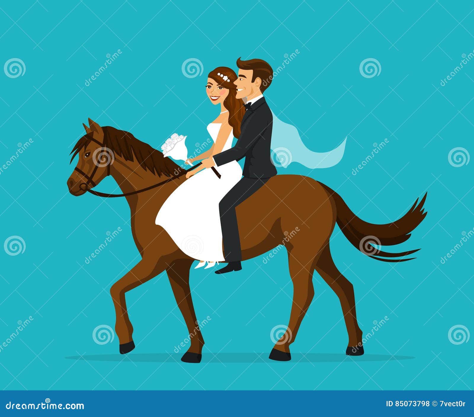 Newlyweds Bride And Groom Riding Horse On Wedding Day Vector