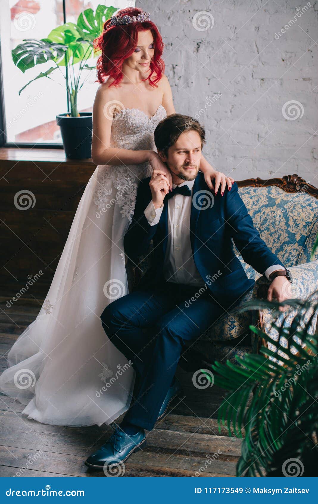 Newlyweds Are Sitting In A Vintage Chair In The Loft Stock Image Image Of Loft Dress