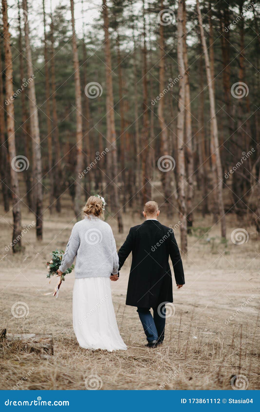 Newlyweds Walk Along A Forest Path Among Pine Trees Stock Photo Image