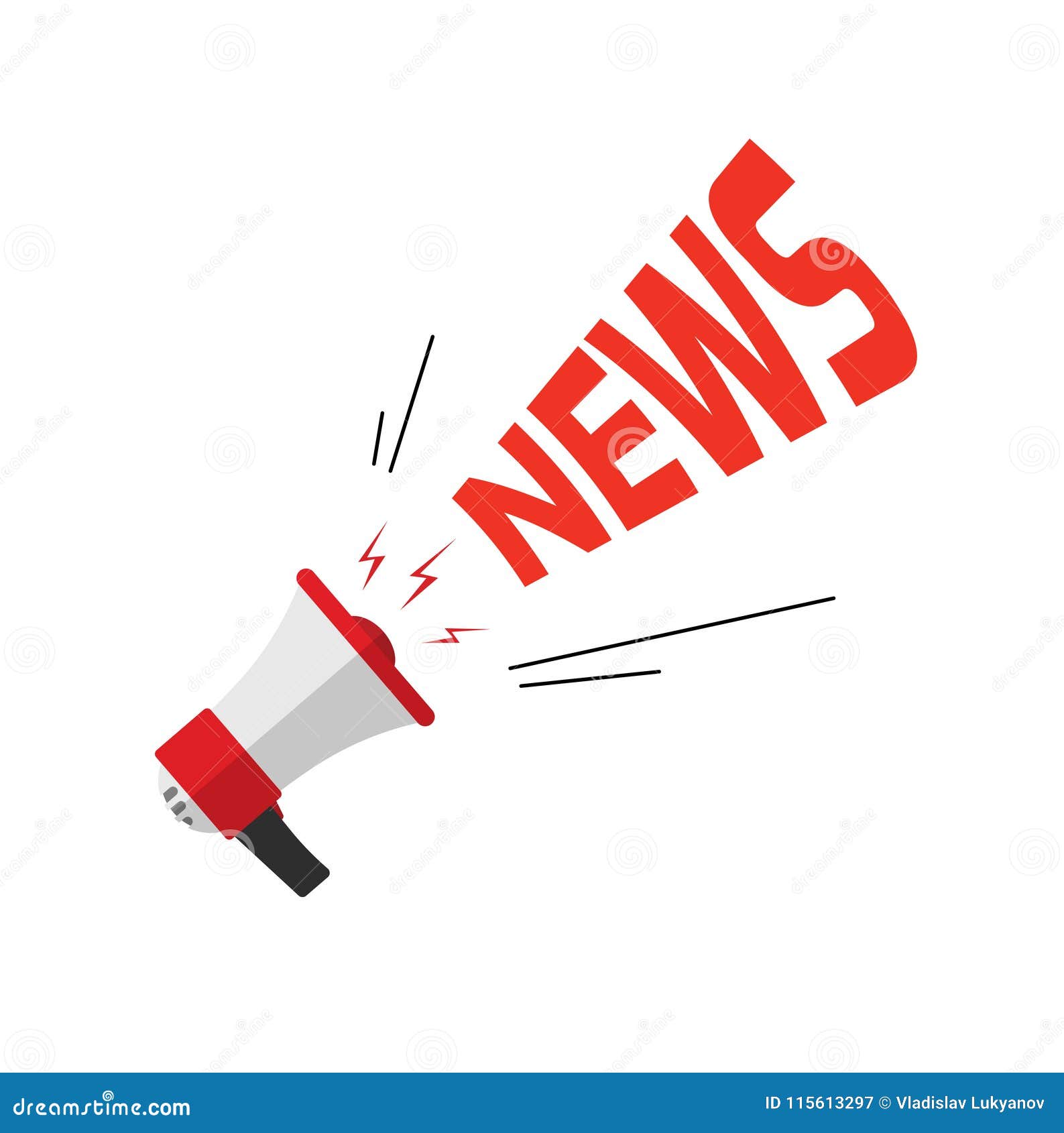 news announcement via bullhorn, flat cartoon loud speaker with news text  on white clipart