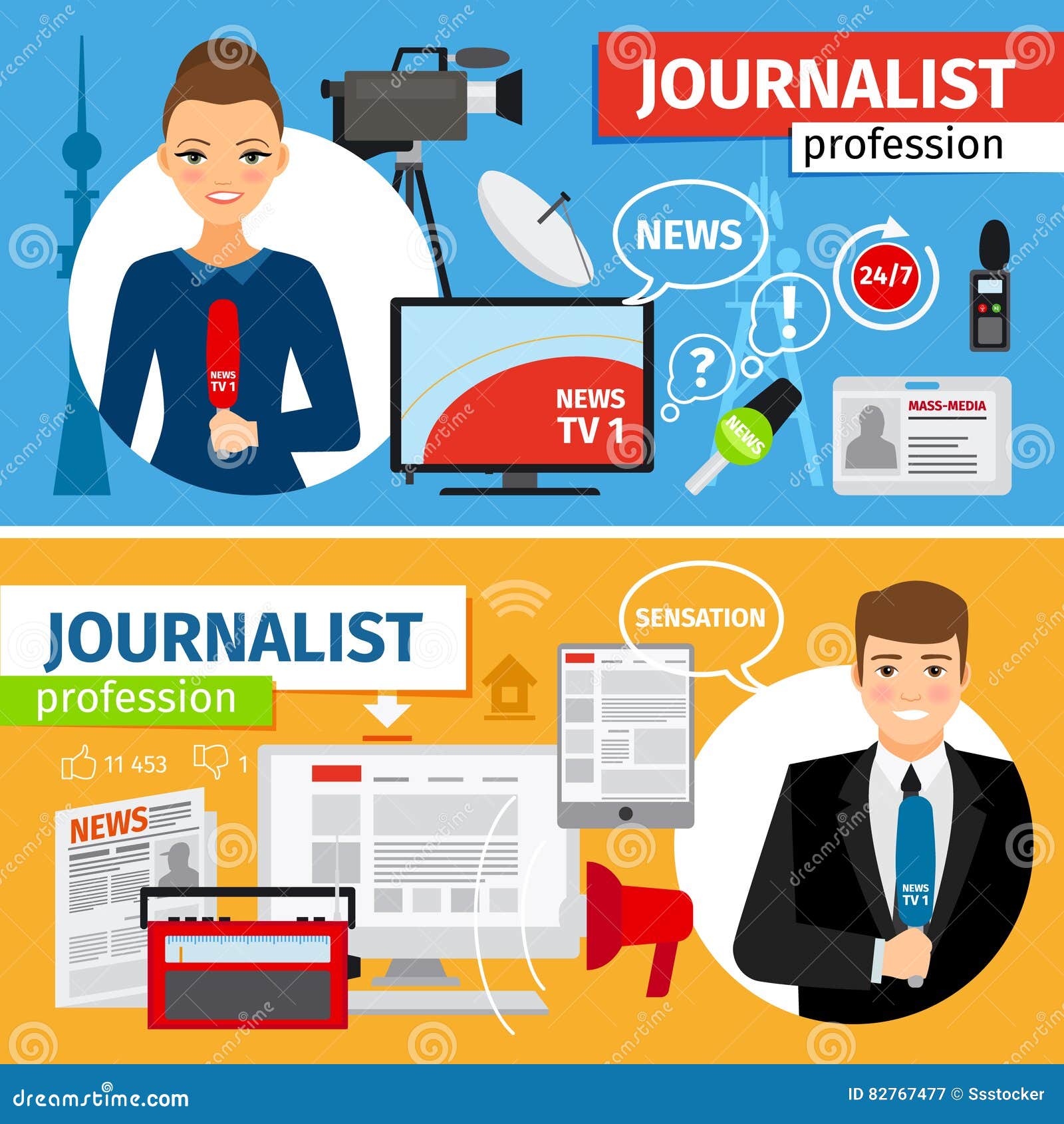 News and Journalist Profession Banners Set Stock Vector Illustration