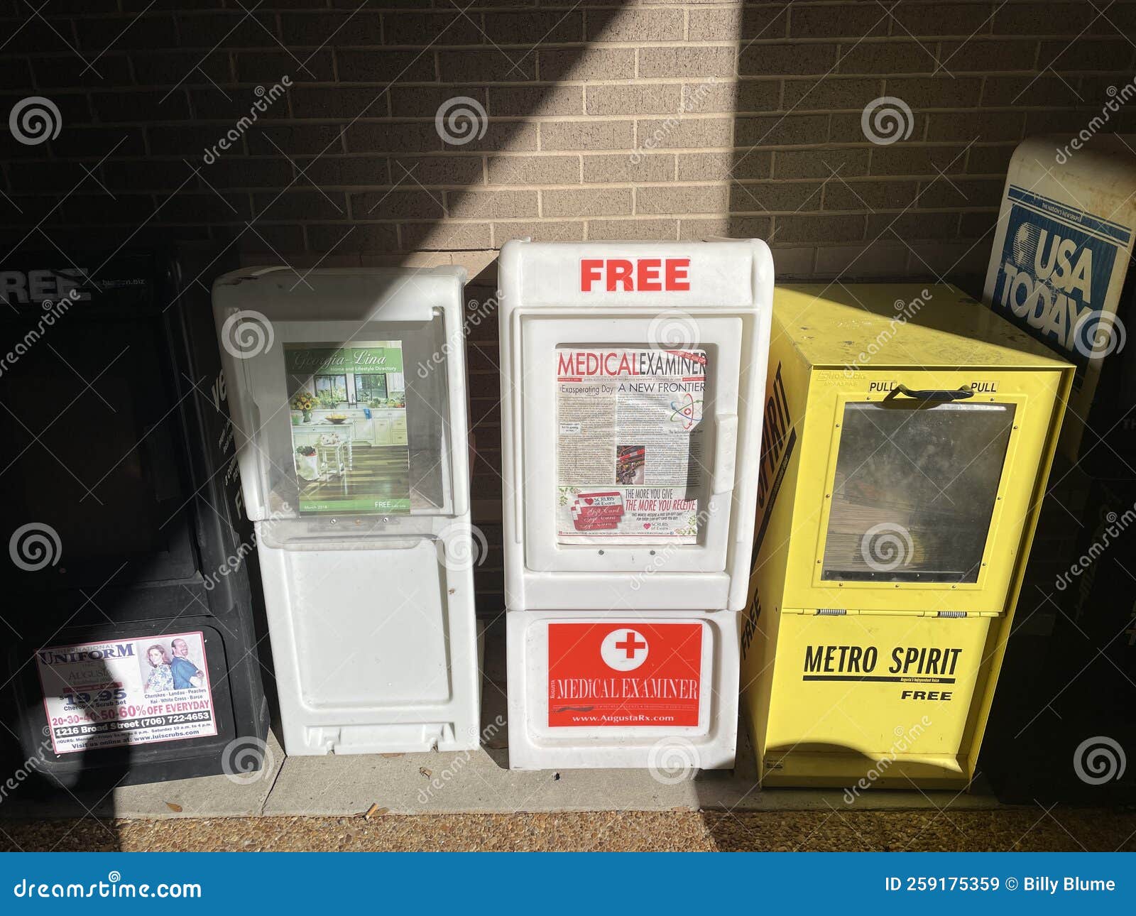 Newspaper Boxes Lined Up on Sidewalk Editorial Stock Image Image of
