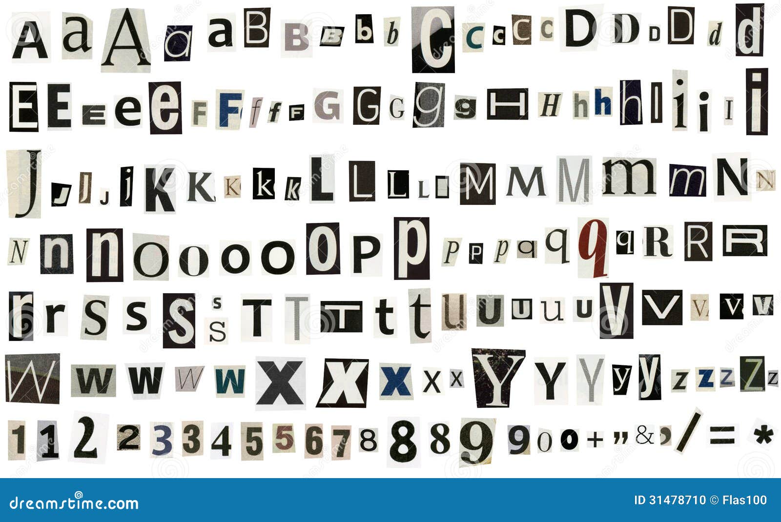 newspaper, magazine alphabet with numbers and s