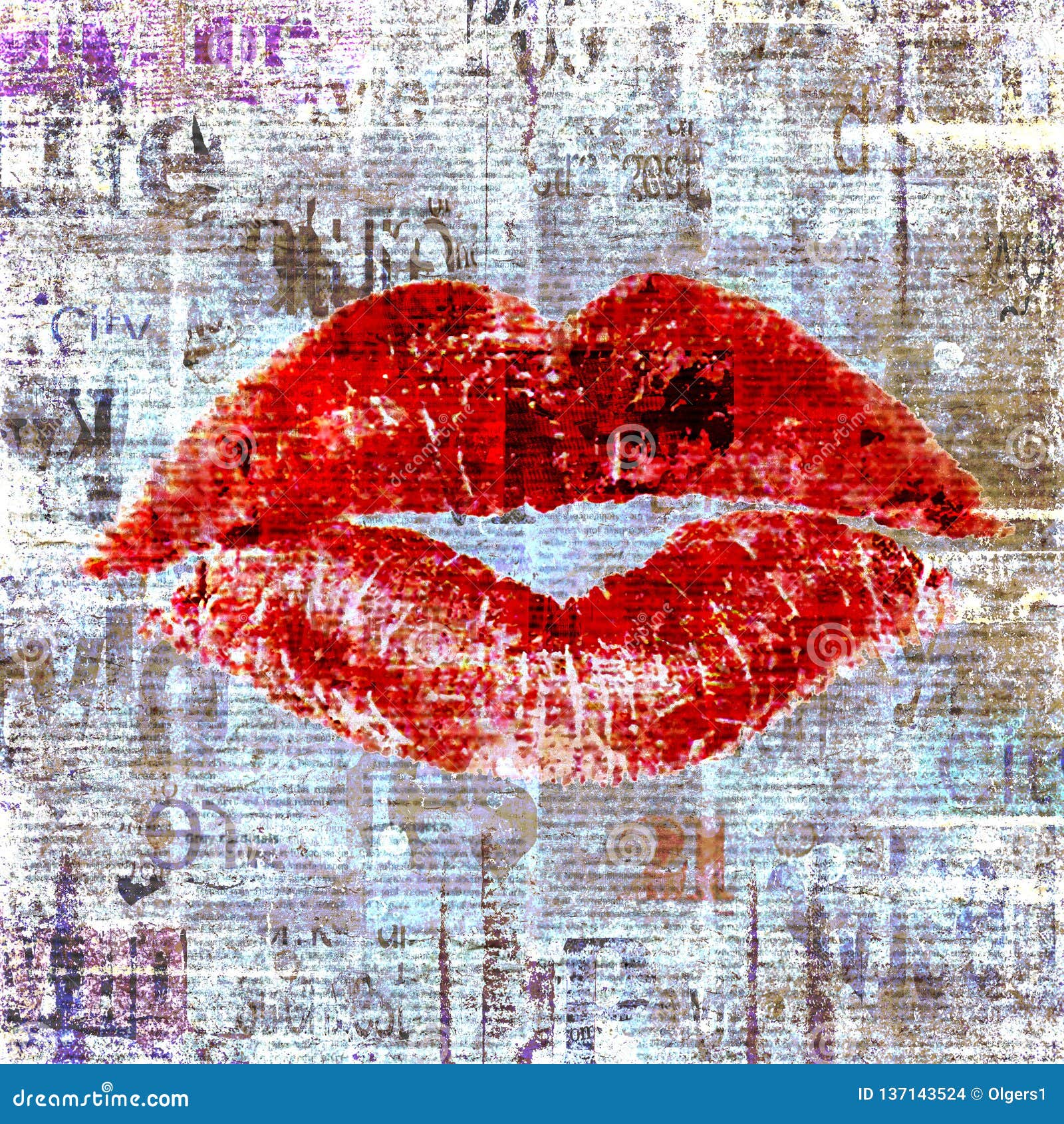 newspaper with old grunge vintage unreadable paper texture background and woman`s lipstick kiss
