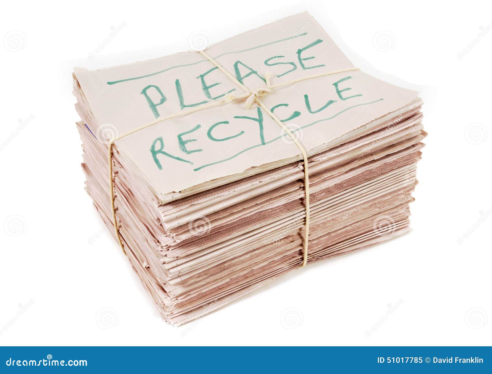 Recycled or Recycle Old Newspapers Stacked, Tied, Isolated on White