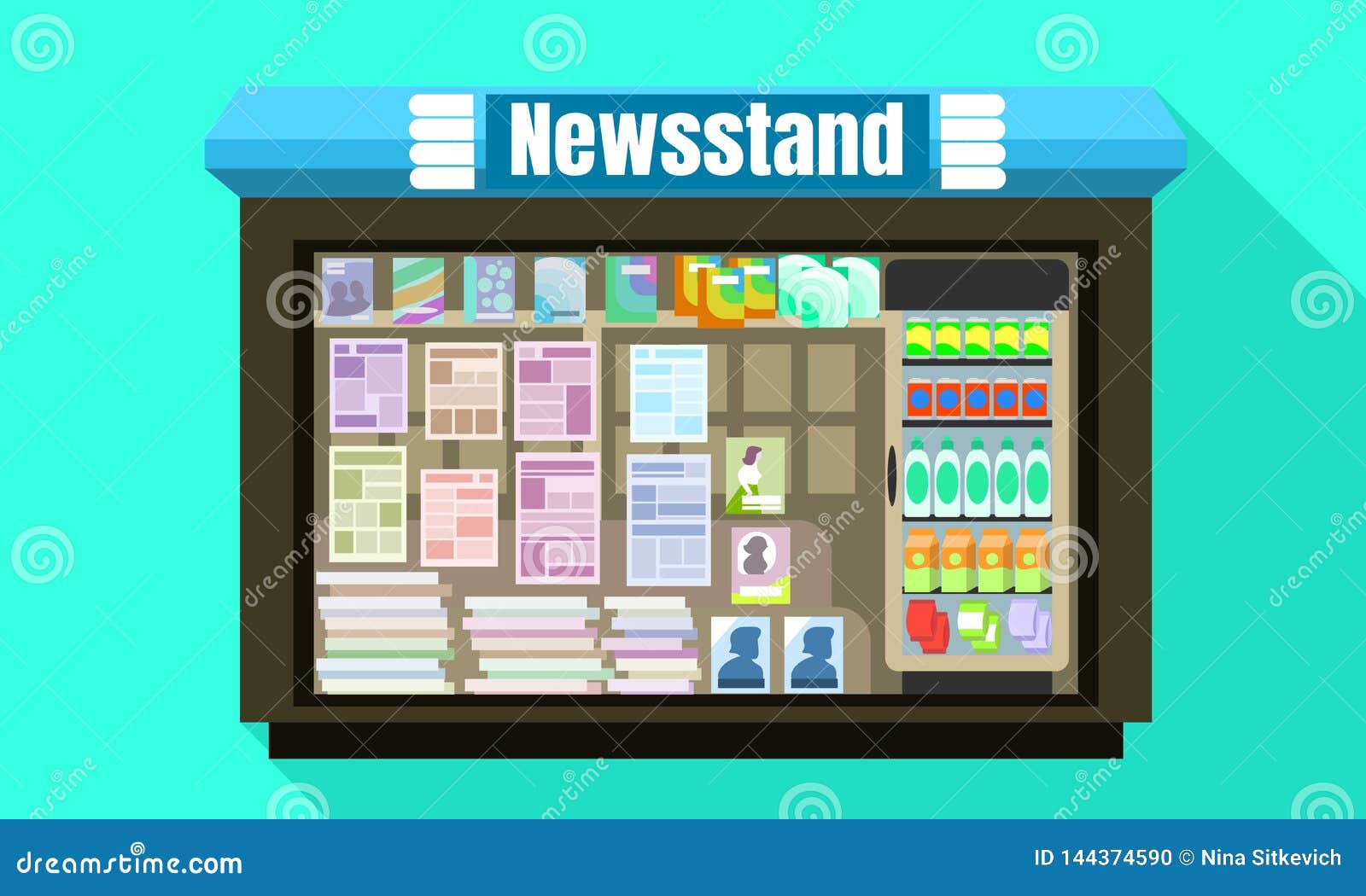 Newsstand Glass Window Icon, Flat Style Stock Vector Illustration of