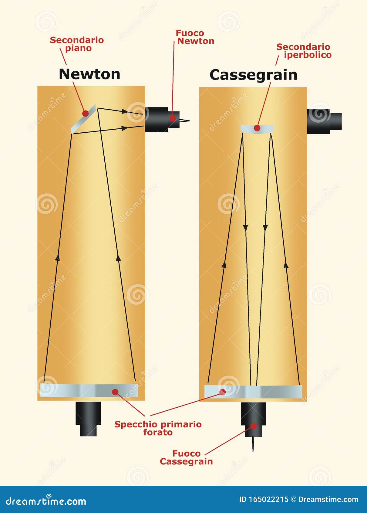 Newtonian and Cassegrain Telescopes Compare Stock Illustration