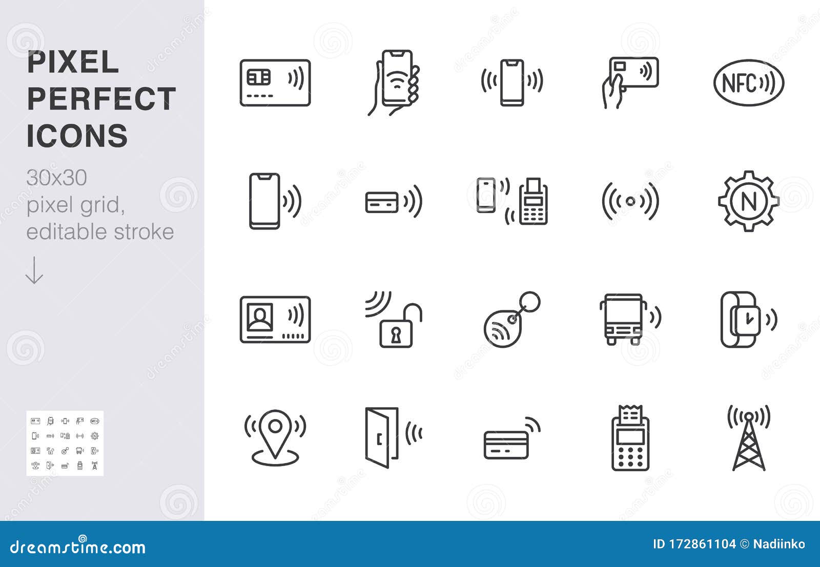 nfc line icon set. near field communication technology, contactless payment, card with chip minimal  