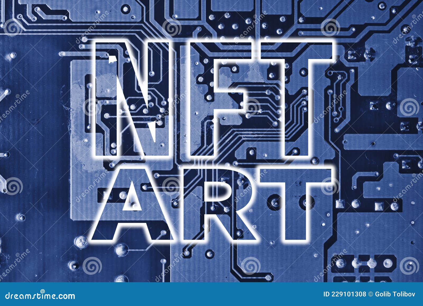 NFT Art Text on Blue Printed Circuit Board. Electronic Board and NFT ...